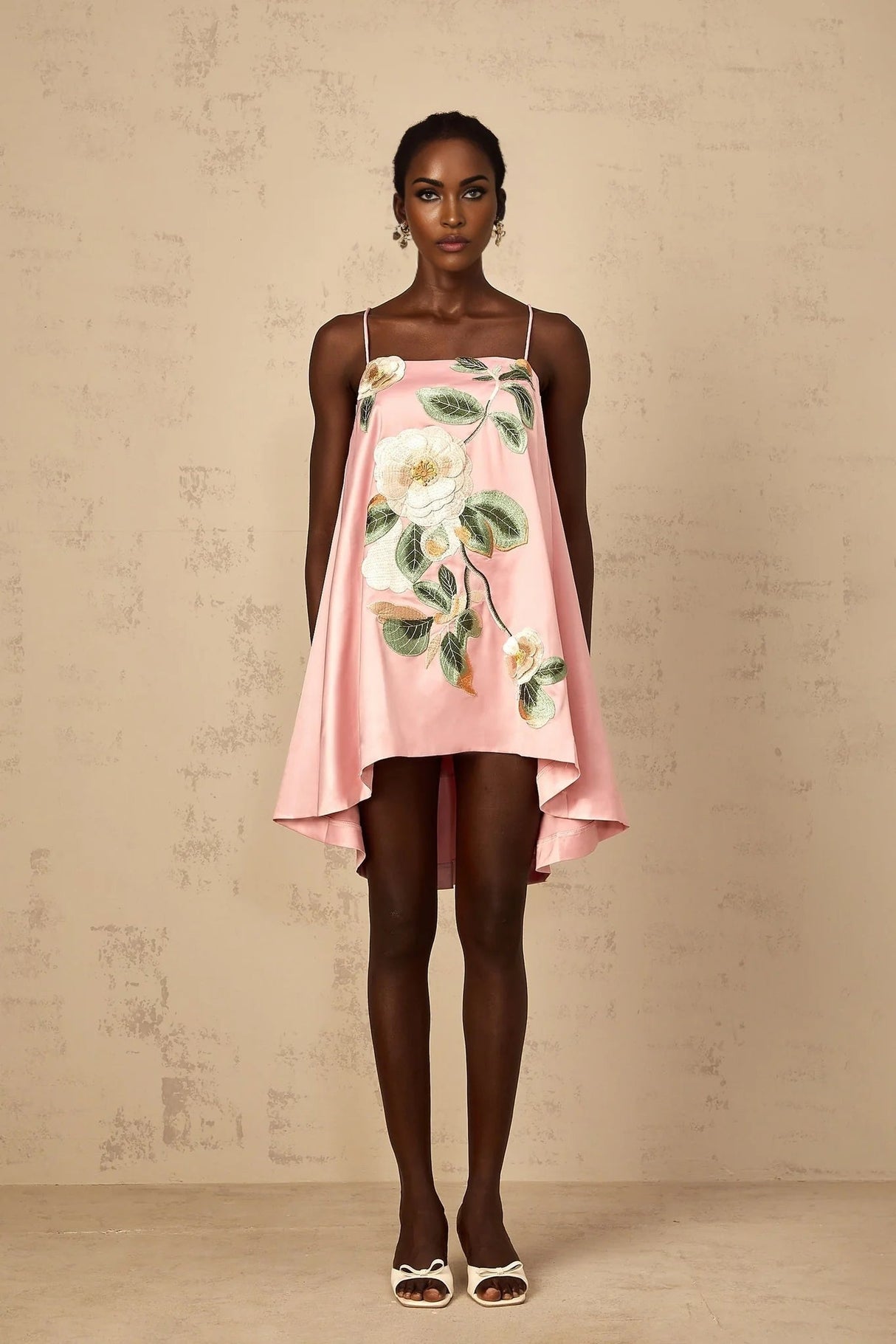 Aspen Mini Dress Pink Floral Embroidered Satin Hem & Straps