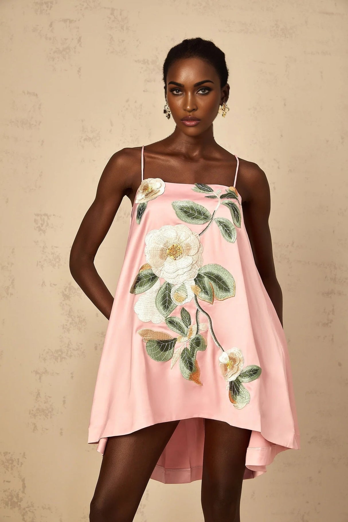 Aspen Mini Dress Pink Floral Embroidered Satin Hem & Straps