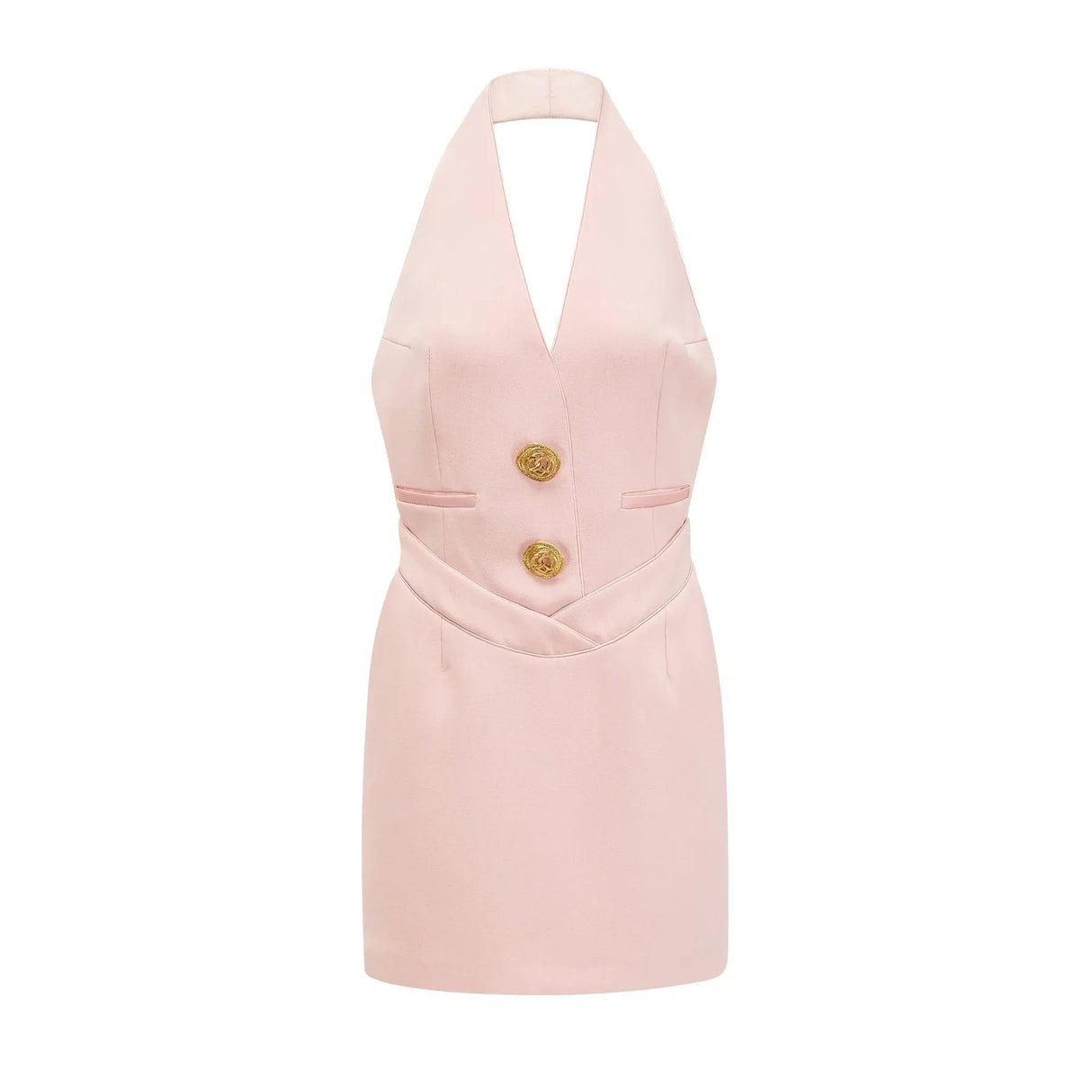 Aspen Pink Mini Dress - Sleeveless - Halter Neck - Front Golden Button Design - Rear Zip Fastening - Thigh Length