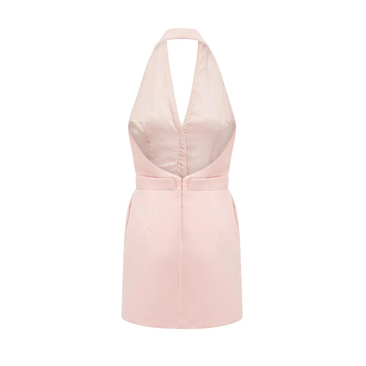 Aspen Pink Mini Dress - Sleeveless - Halter Neck - Front Golden Button Design - Rear Zip Fastening - Thigh Length