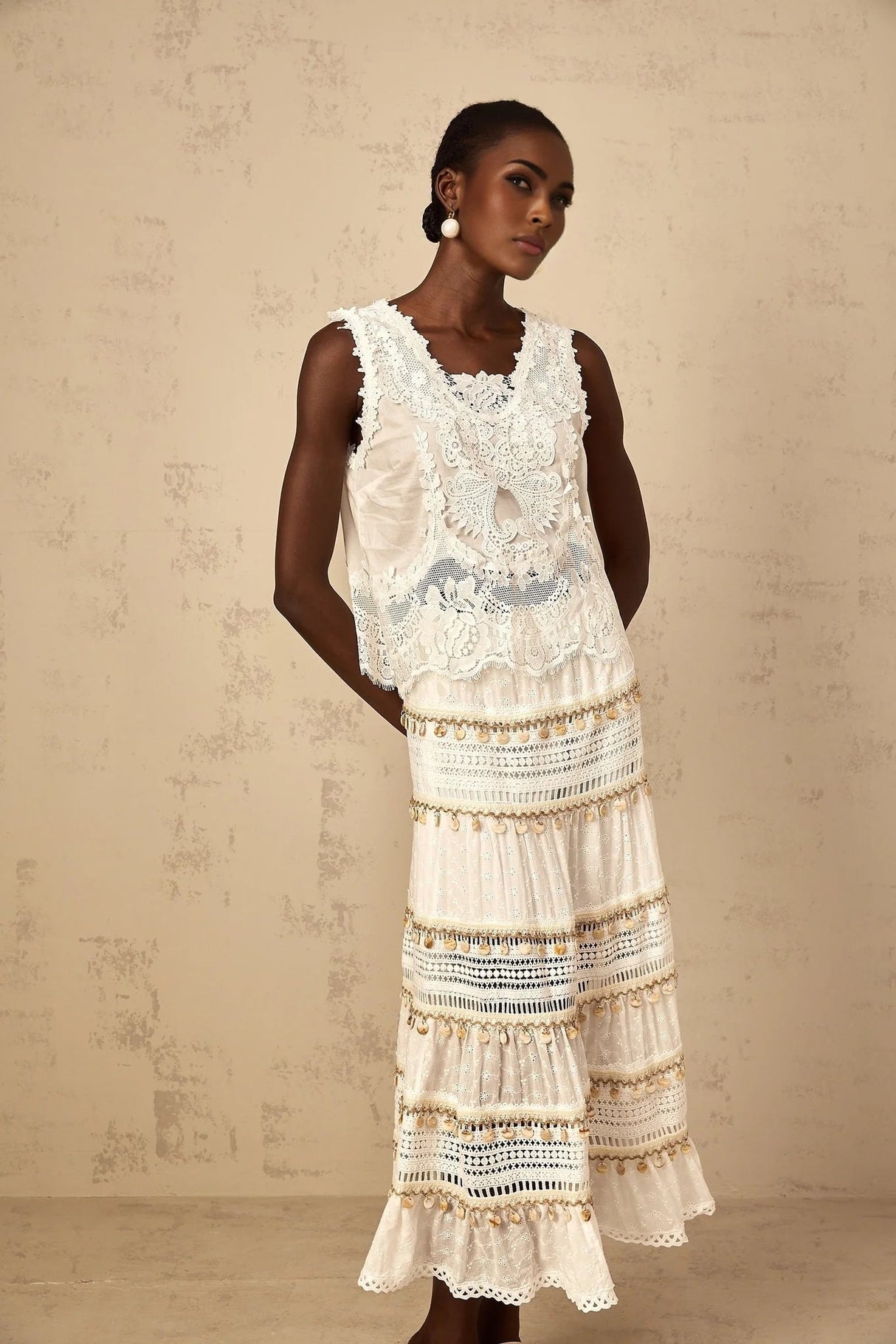 Aspen Skirt with Delicate Lace Trim in White