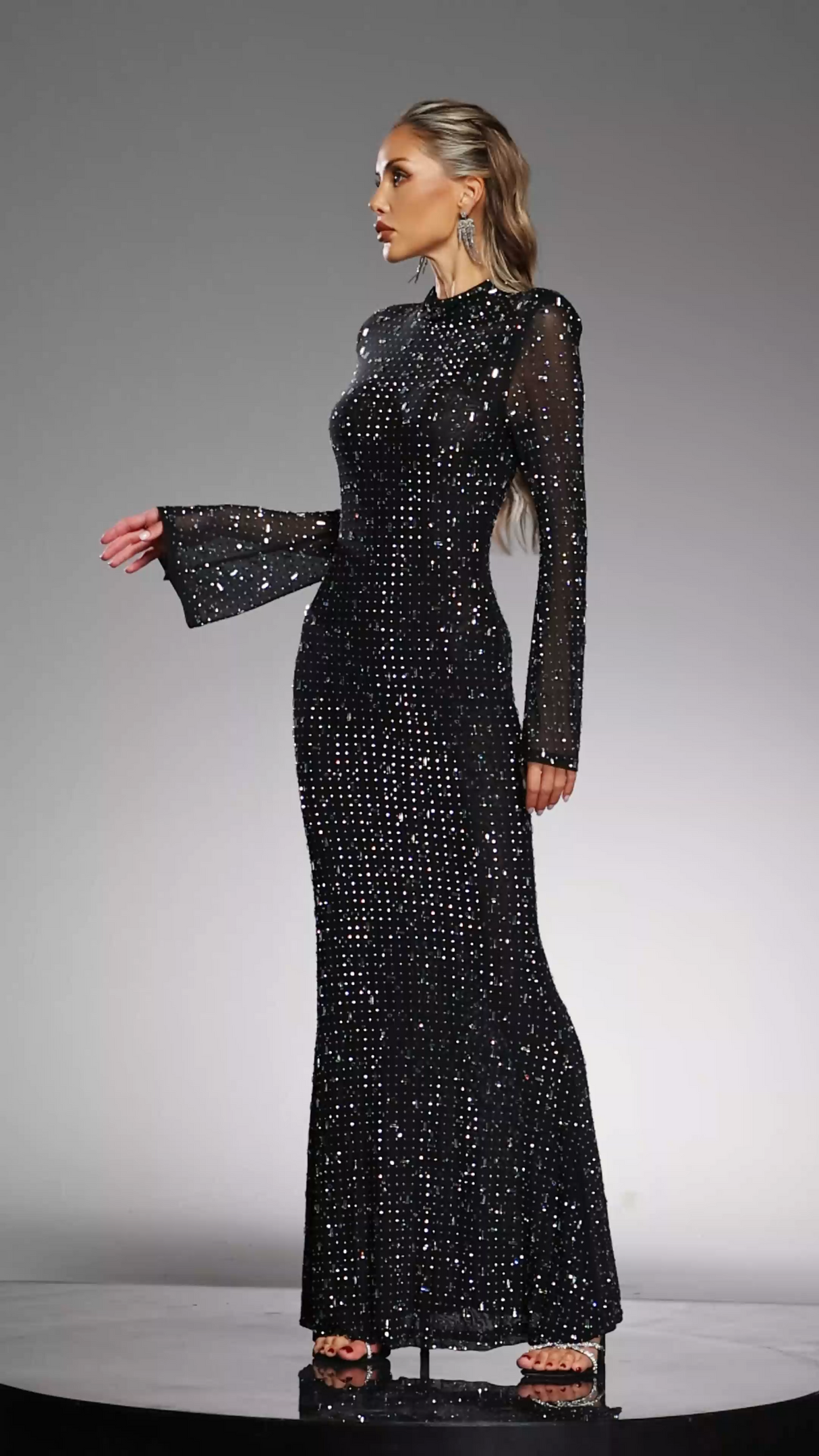 Assunta Black Maxi Dress with High Neckline and Diamond Detailing for Formal Occasions
