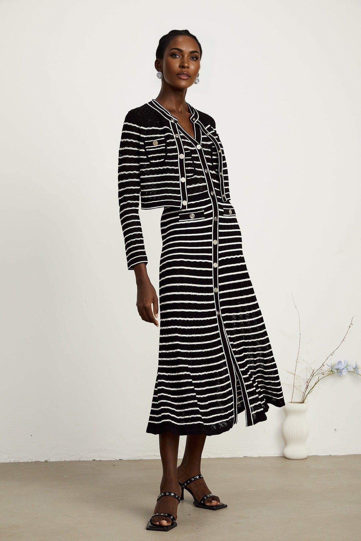 Assunta Cardigan & Dress - Long Sleeves - Contrast Colors - Horizontal Stripe Pattern - Front Button Fastening