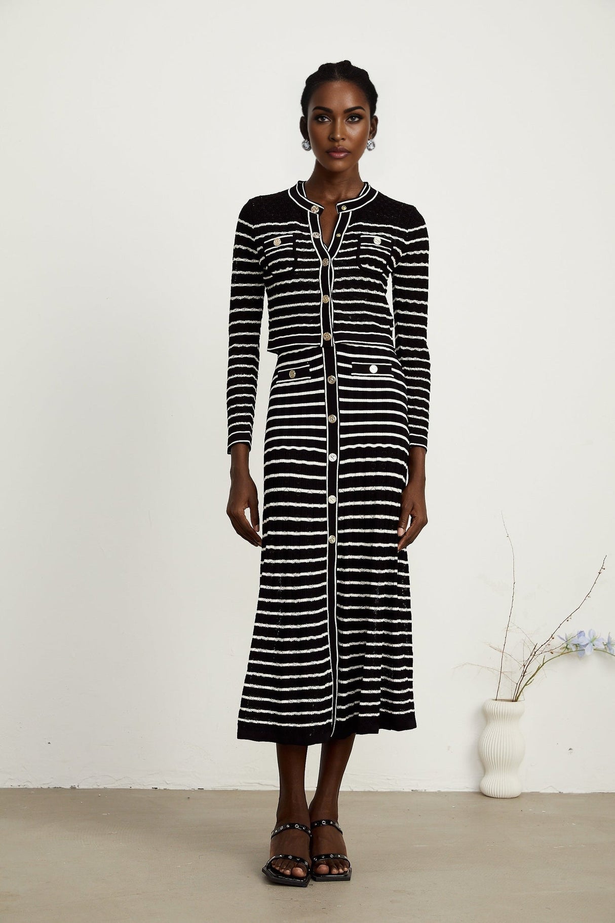 Assunta Cardigan & Dress - Long Sleeves - Contrast Colors - Horizontal Stripe Pattern - Front Button Fastening
