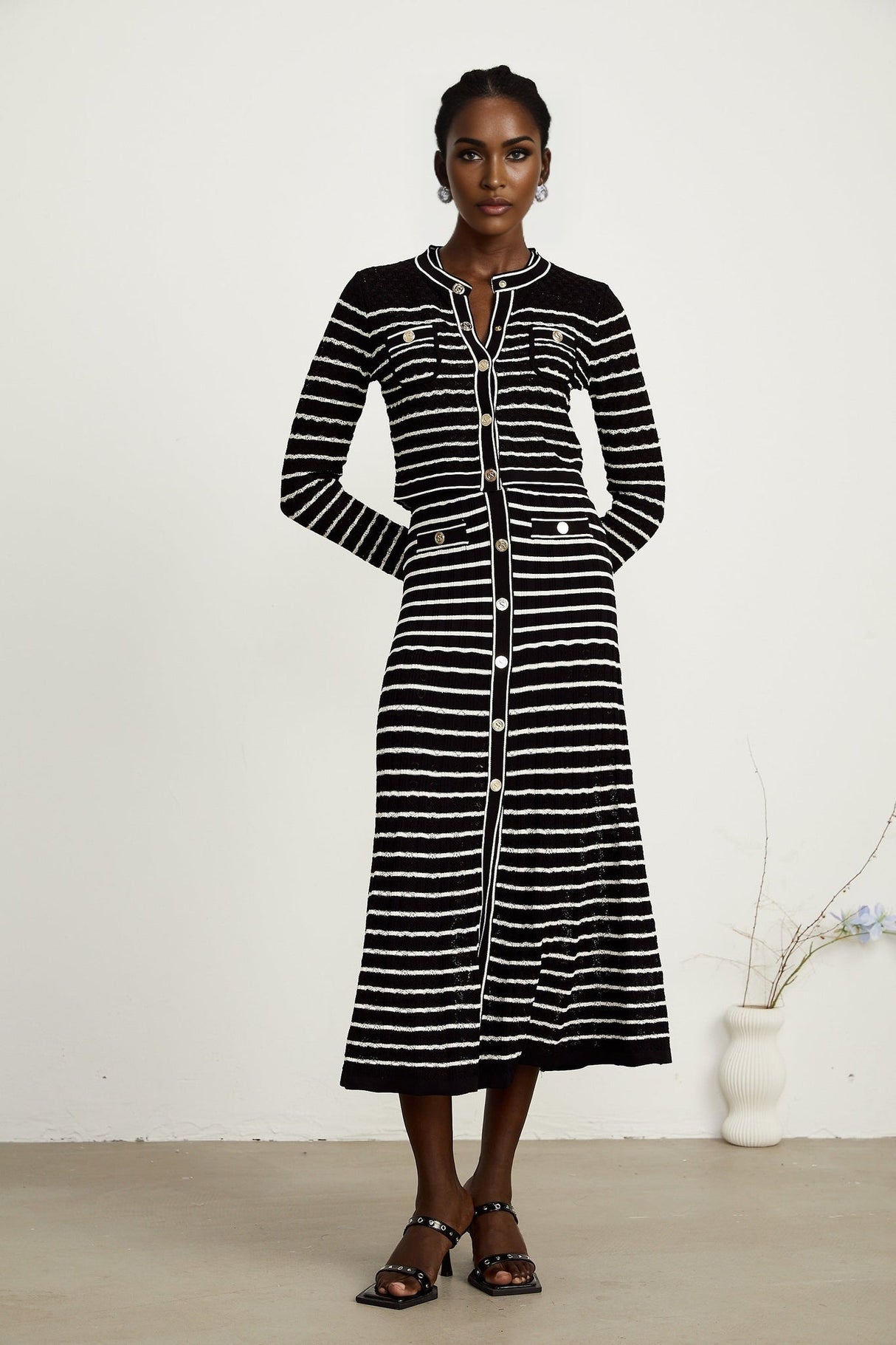 Assunta Cardigan & Dress - Long Sleeves - Contrast Colors - Horizontal Stripe Pattern - Front Button Fastening