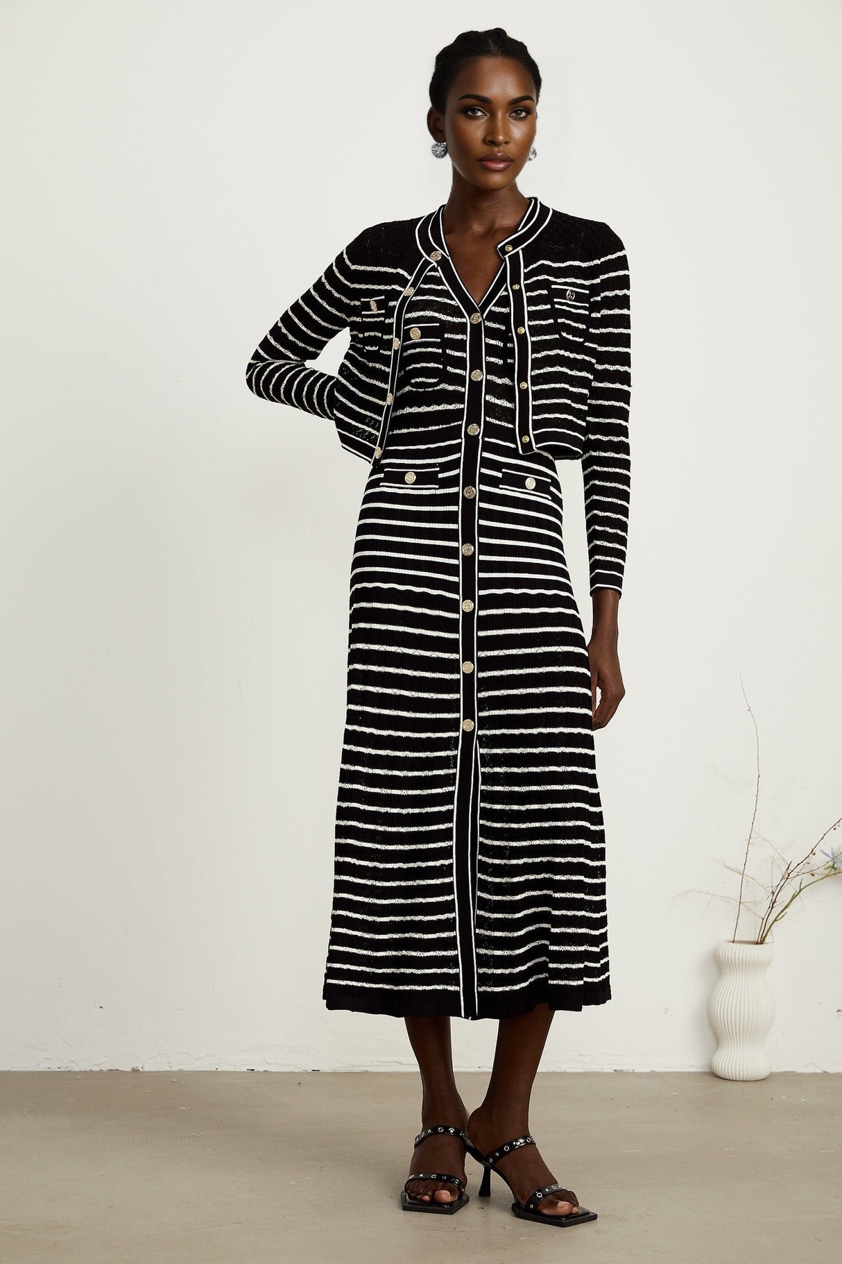 Assunta Cardigan & Dress - Long Sleeves - Contrast Colors - Horizontal Stripe Pattern - Front Button Fastening
