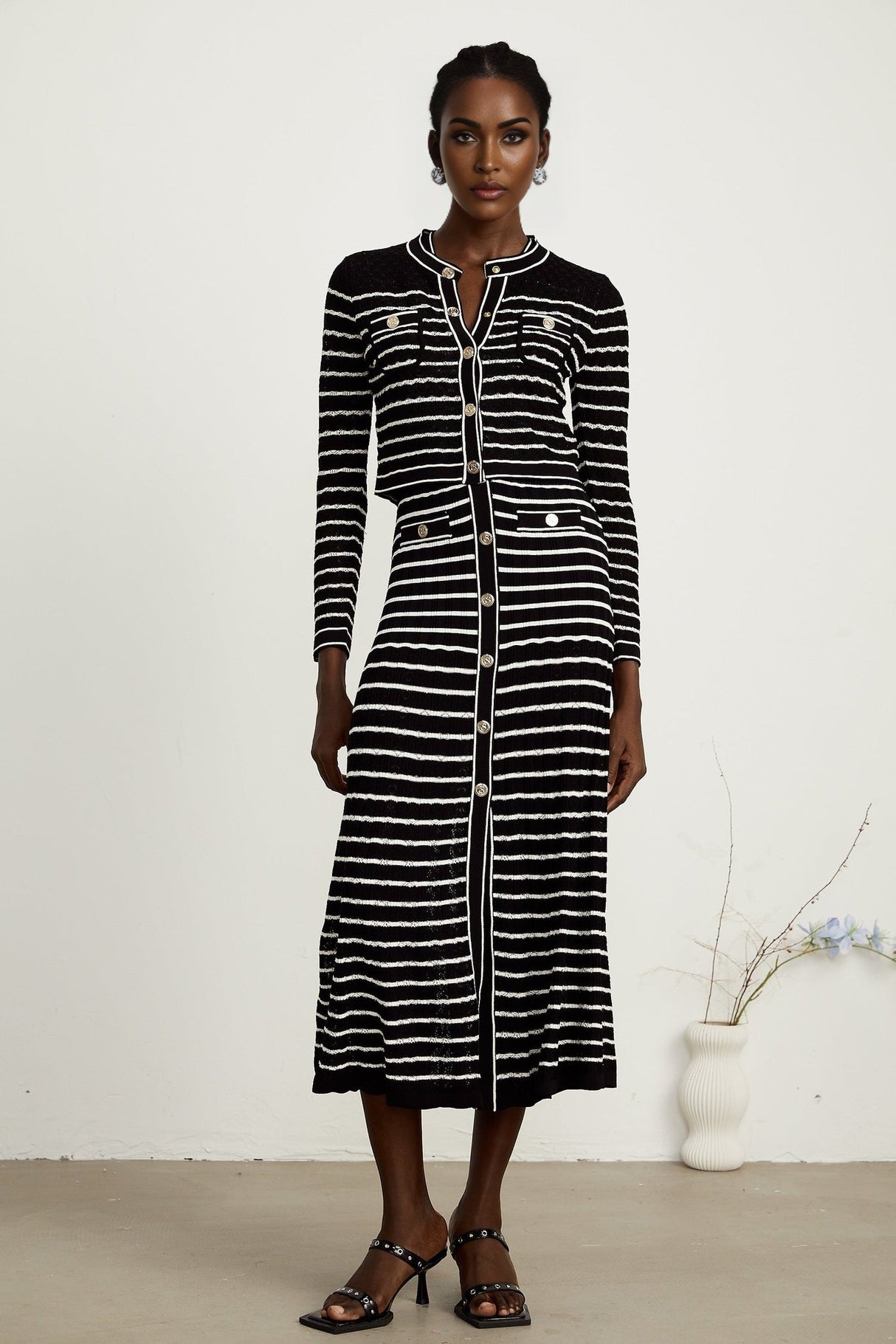 Assunta Cardigan & Dress - Long Sleeves - Contrast Colors - Horizontal Stripe Pattern - Front Button Fastening