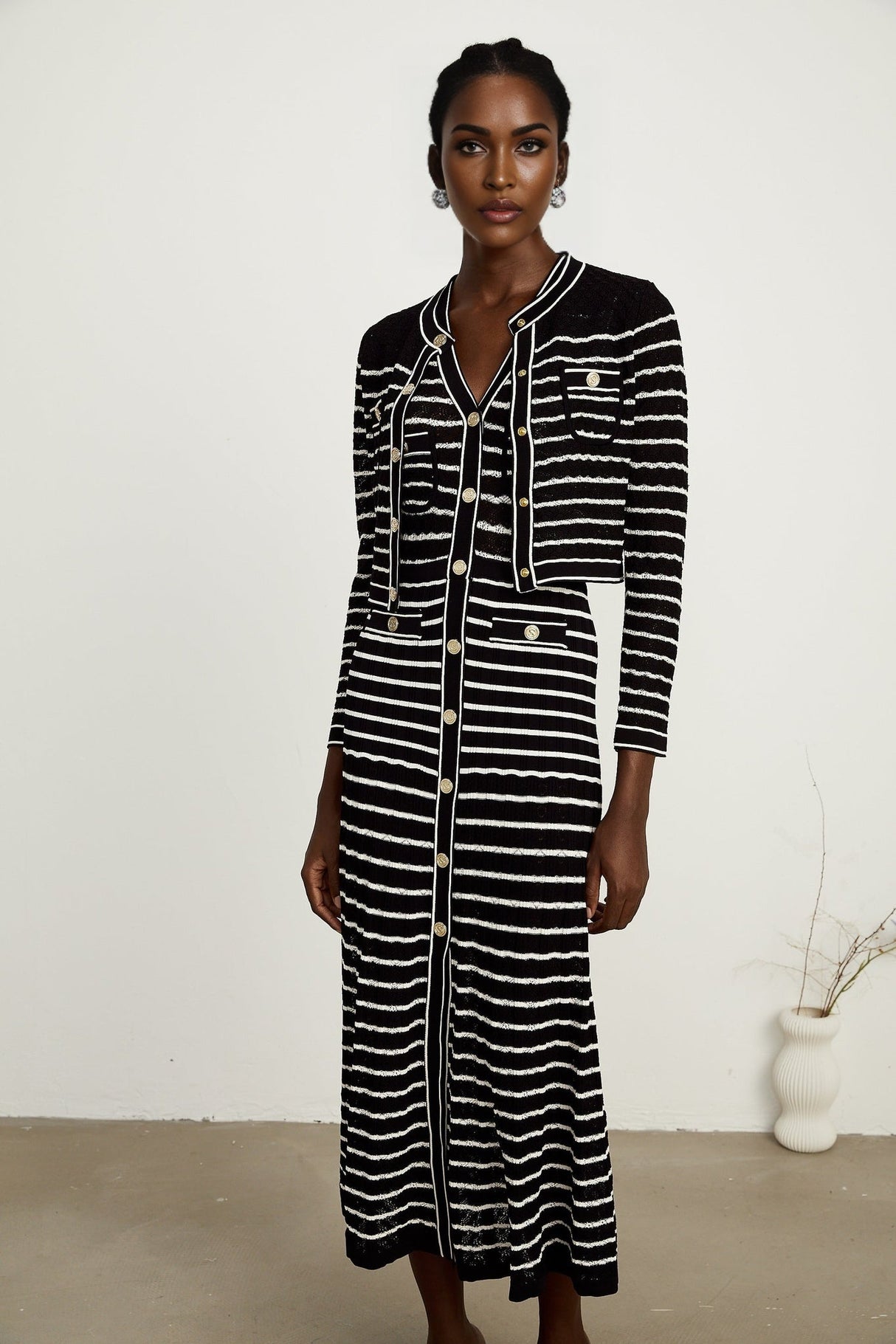 Assunta Cardigan & Dress - Long Sleeves - Contrast Colors - Horizontal Stripe Pattern - Front Button Fastening