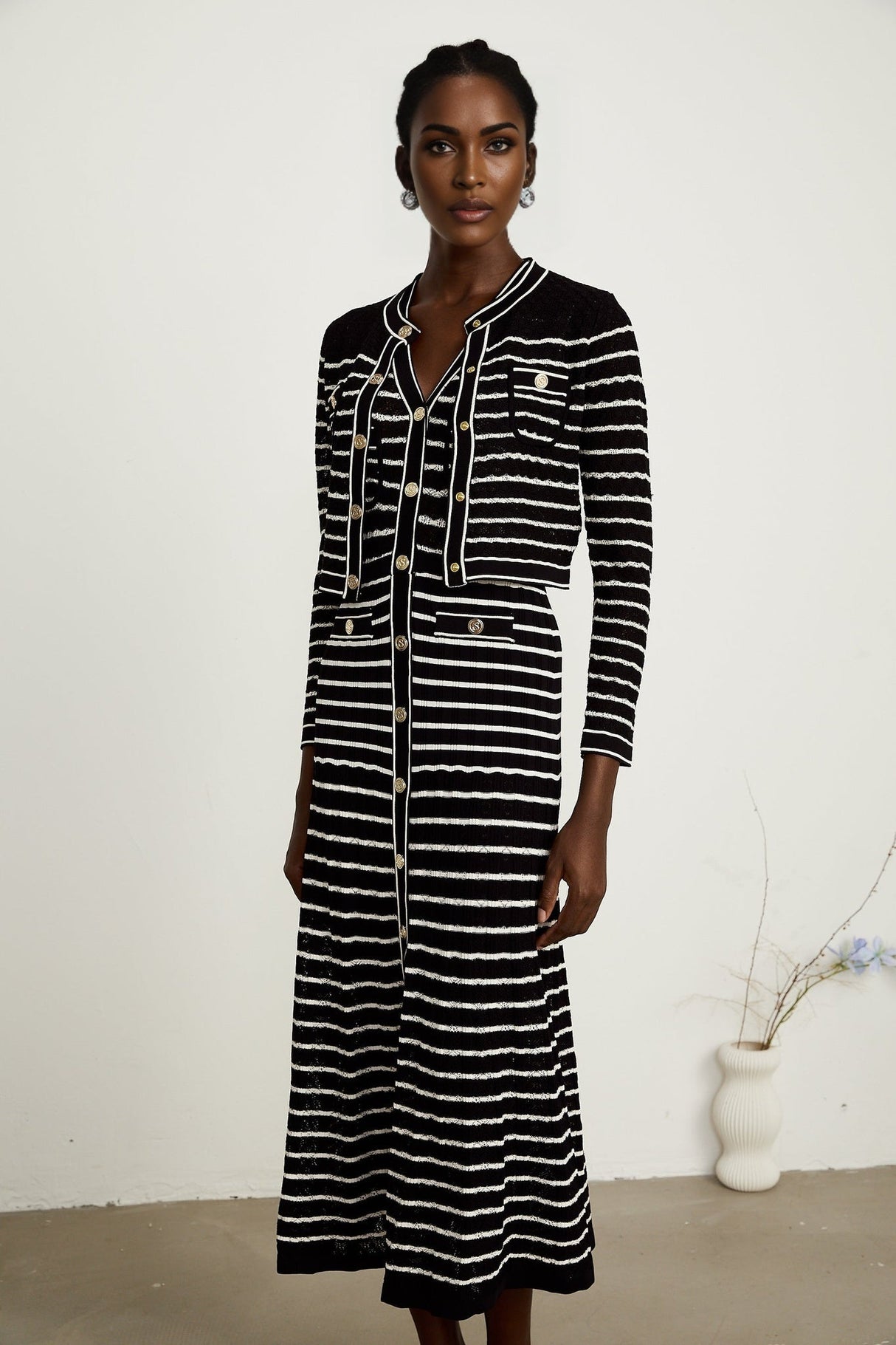 Assunta Cardigan & Dress - Long Sleeves - Contrast Colors - Horizontal Stripe Pattern - Front Button Fastening