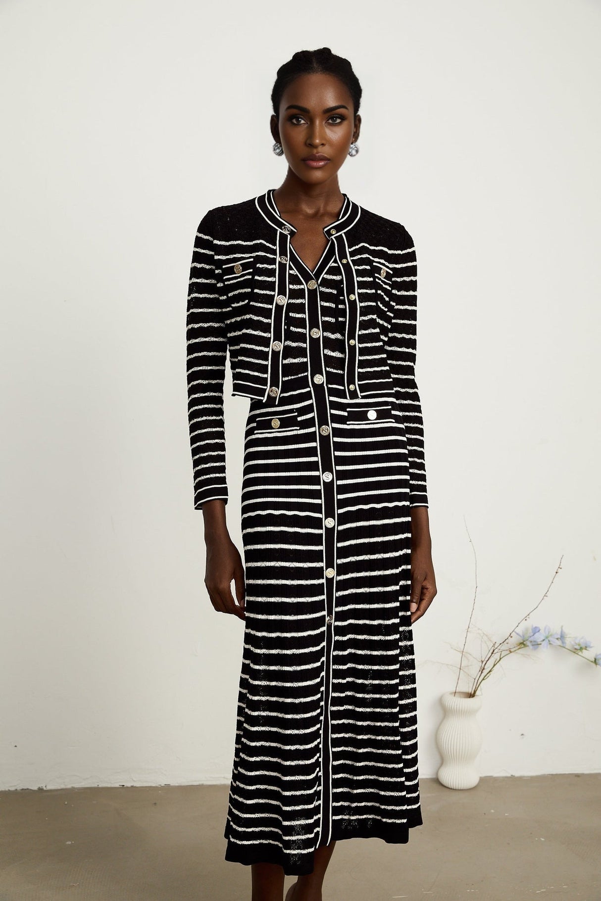 Assunta Cardigan & Dress - Long Sleeves - Contrast Colors - Horizontal Stripe Pattern - Front Button Fastening