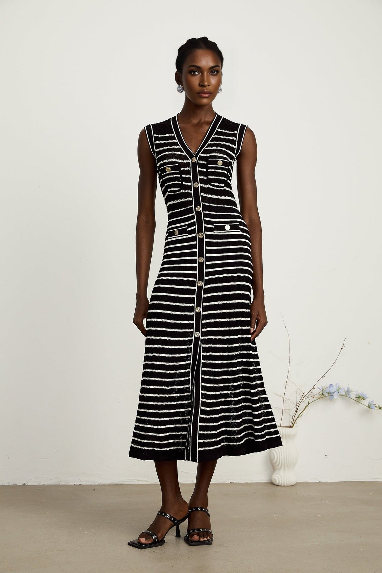 Assunta Cardigan & Dress - Long Sleeves - Contrast Colors - Horizontal Stripe Pattern - Front Button Fastening