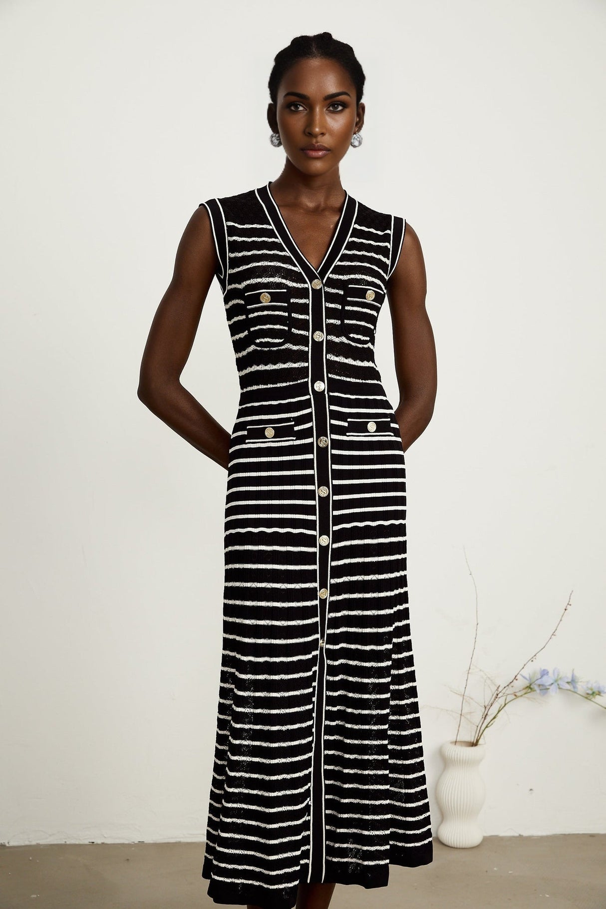 Assunta Cardigan & Dress - Long Sleeves - Contrast Colors - Horizontal Stripe Pattern - Front Button Fastening