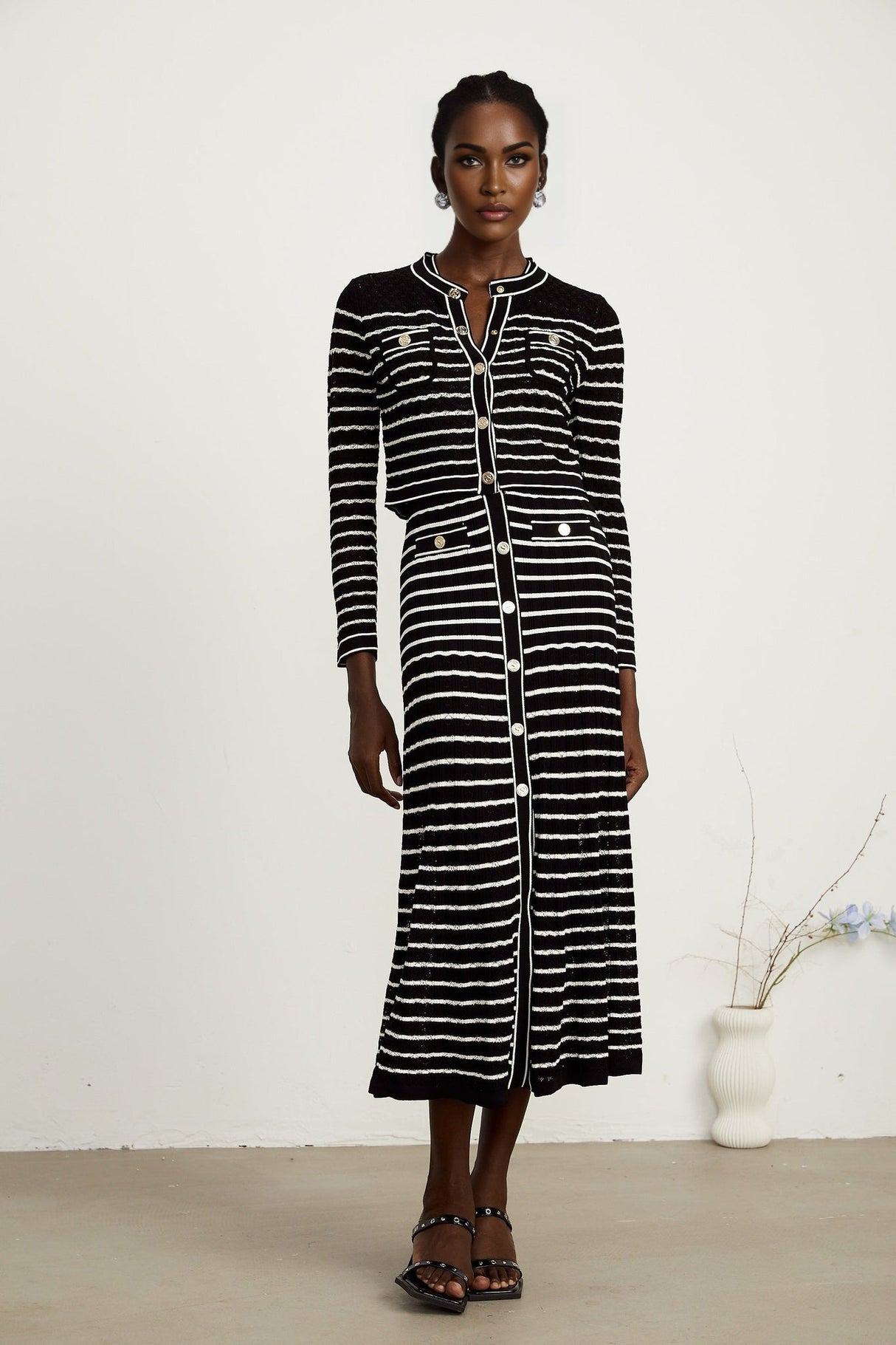 Assunta Cardigan & Dress - Long Sleeves - Contrast Colors - Horizontal Stripe Pattern - Front Button Fastening