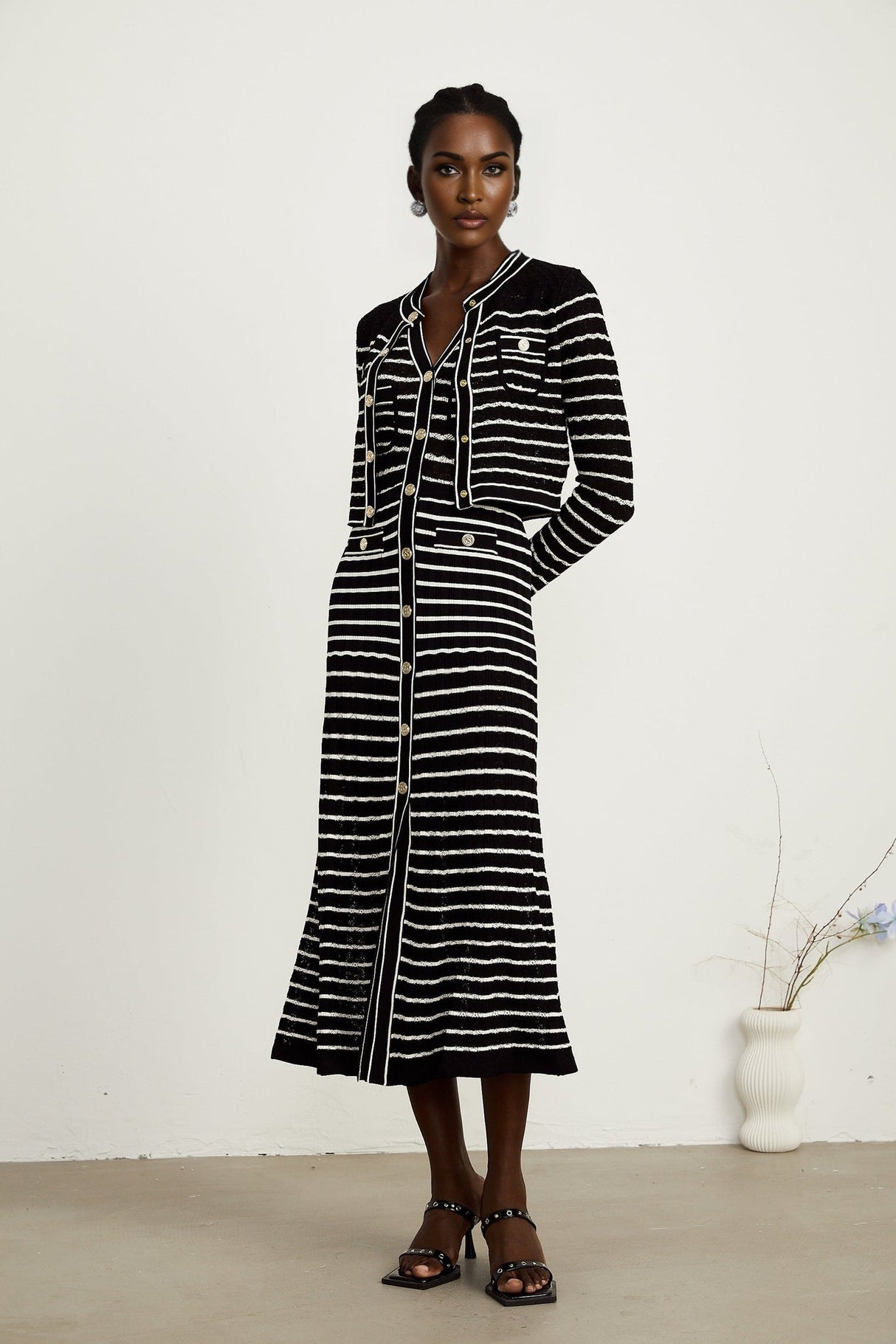 Assunta Cardigan & Dress - Long Sleeves - Contrast Colors - Horizontal Stripe Pattern - Front Button Fastening