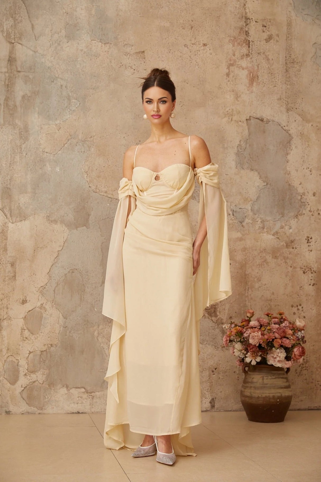 Assunta Maxi Dress Cold Shoulder Sweetheart Neckline & Ruched Detailing