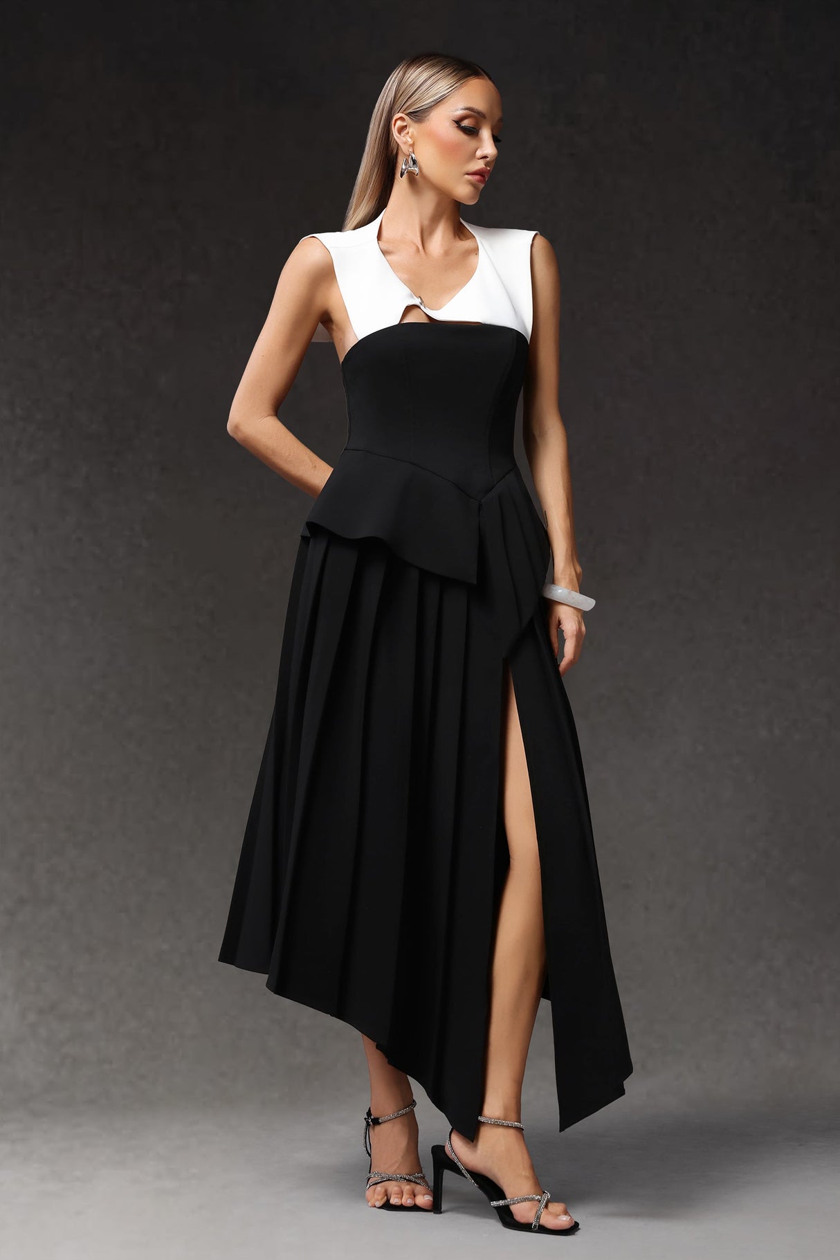 Assuntina Black Maxi Dress with Irregular Hemline and Hollow Out Detail