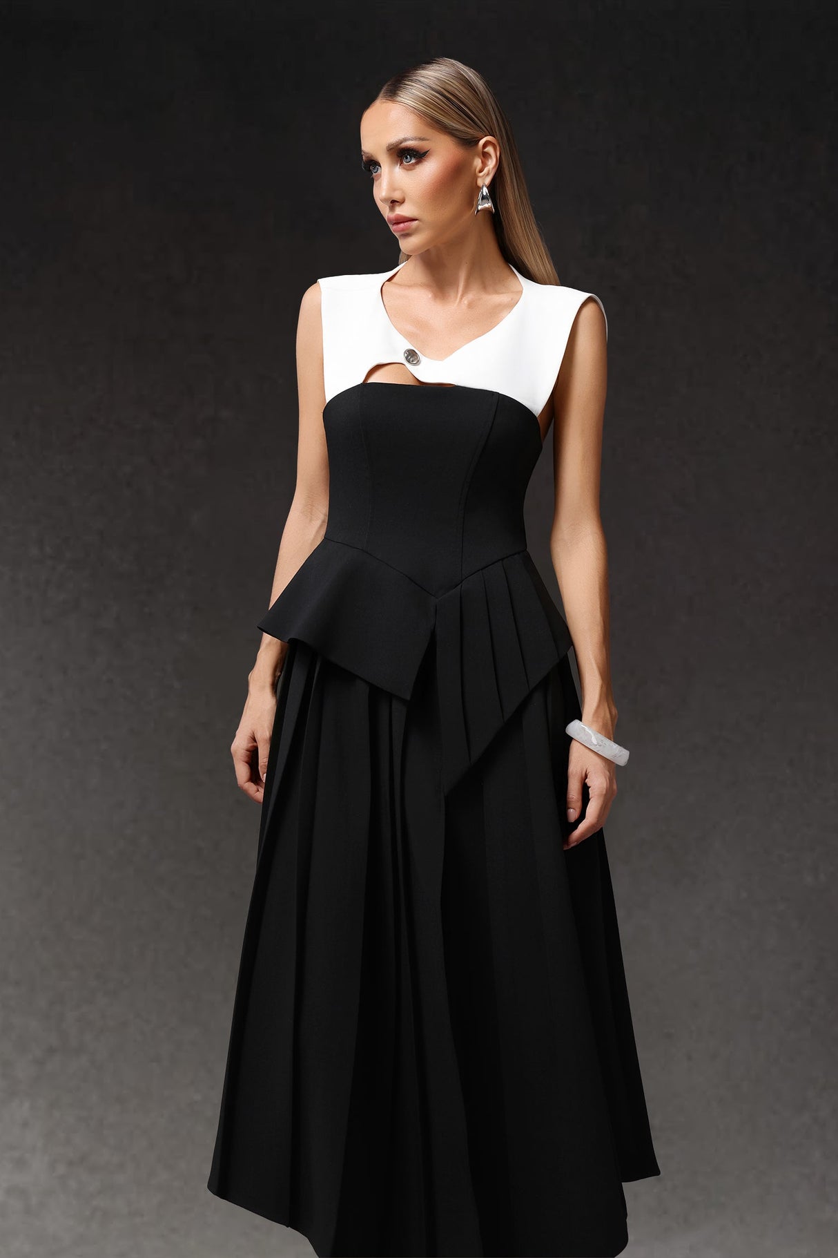 Assuntina Black Maxi Dress with Irregular Hemline and Hollow Out Detail