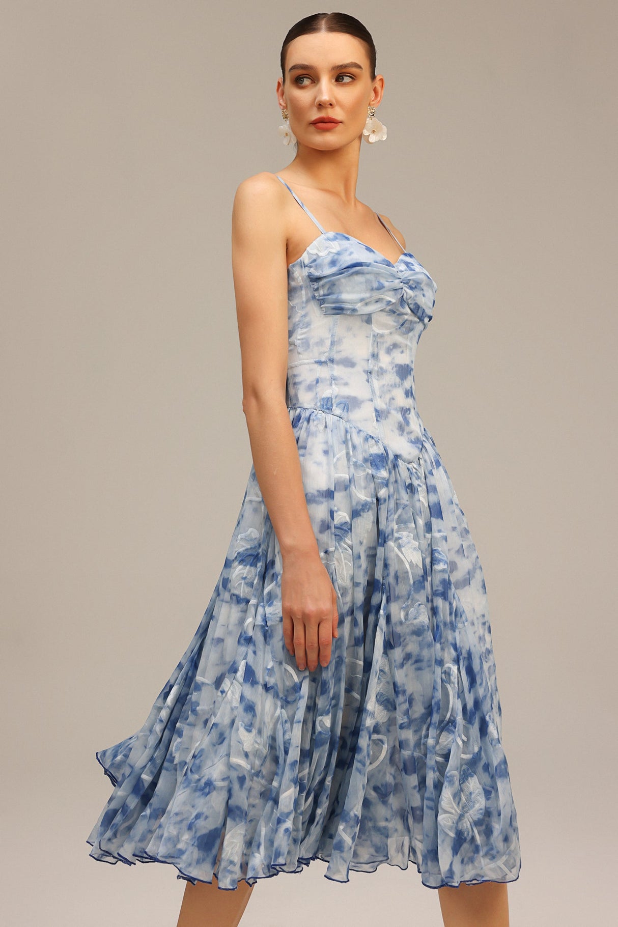 Assuntina Blue Floral Charm Halter Neck Midi Dress