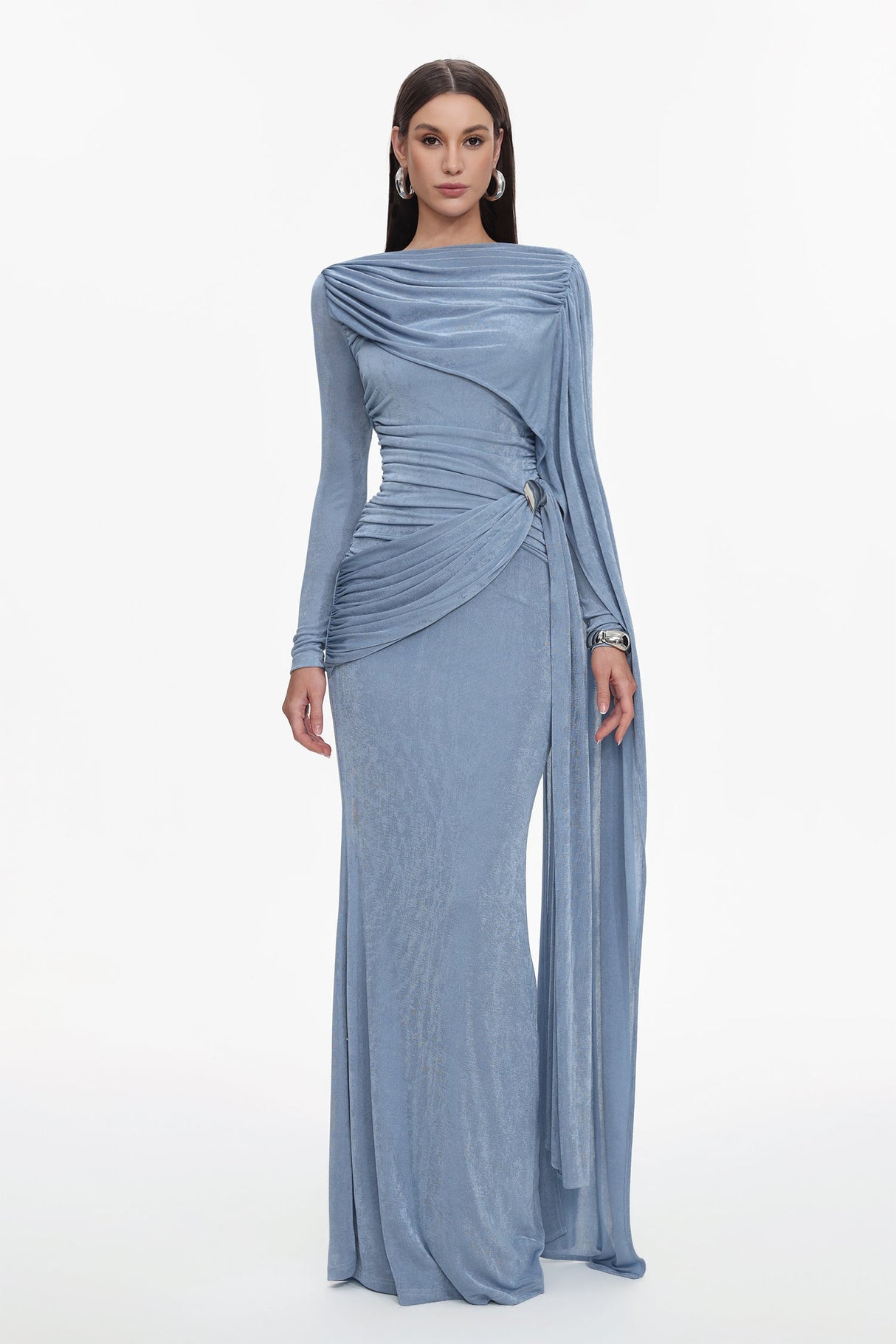 Assuntina Blue Maxi Dress Elegant Long Sleeve Ruched Detailing Floor Length Formal Event Gala Evening Soiree Wedding Glamorous