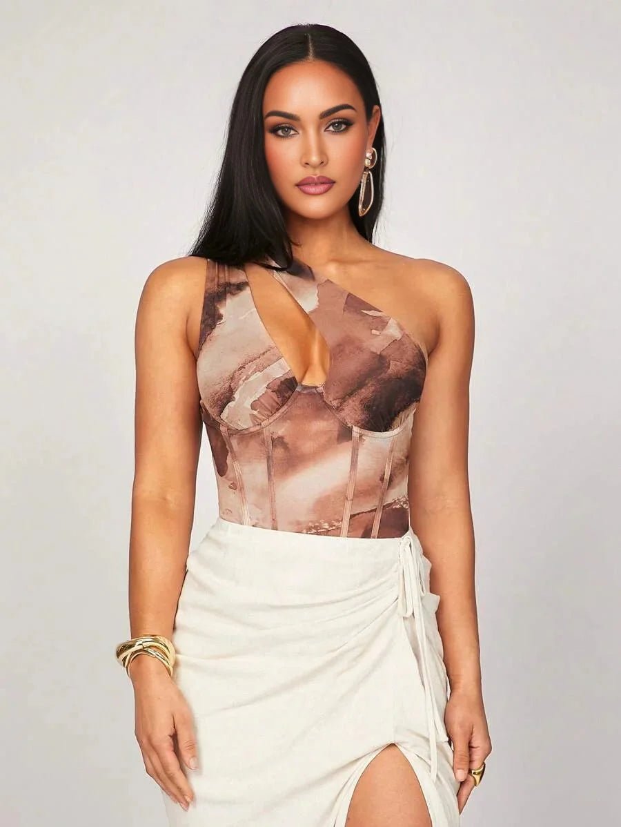 Assuntina Bodysuit - Slim Fit - Medium Stretch Knitted Fabric - Casual Style - Sleeveless - Asymmetrical, Cut Out - Natural Waist Line