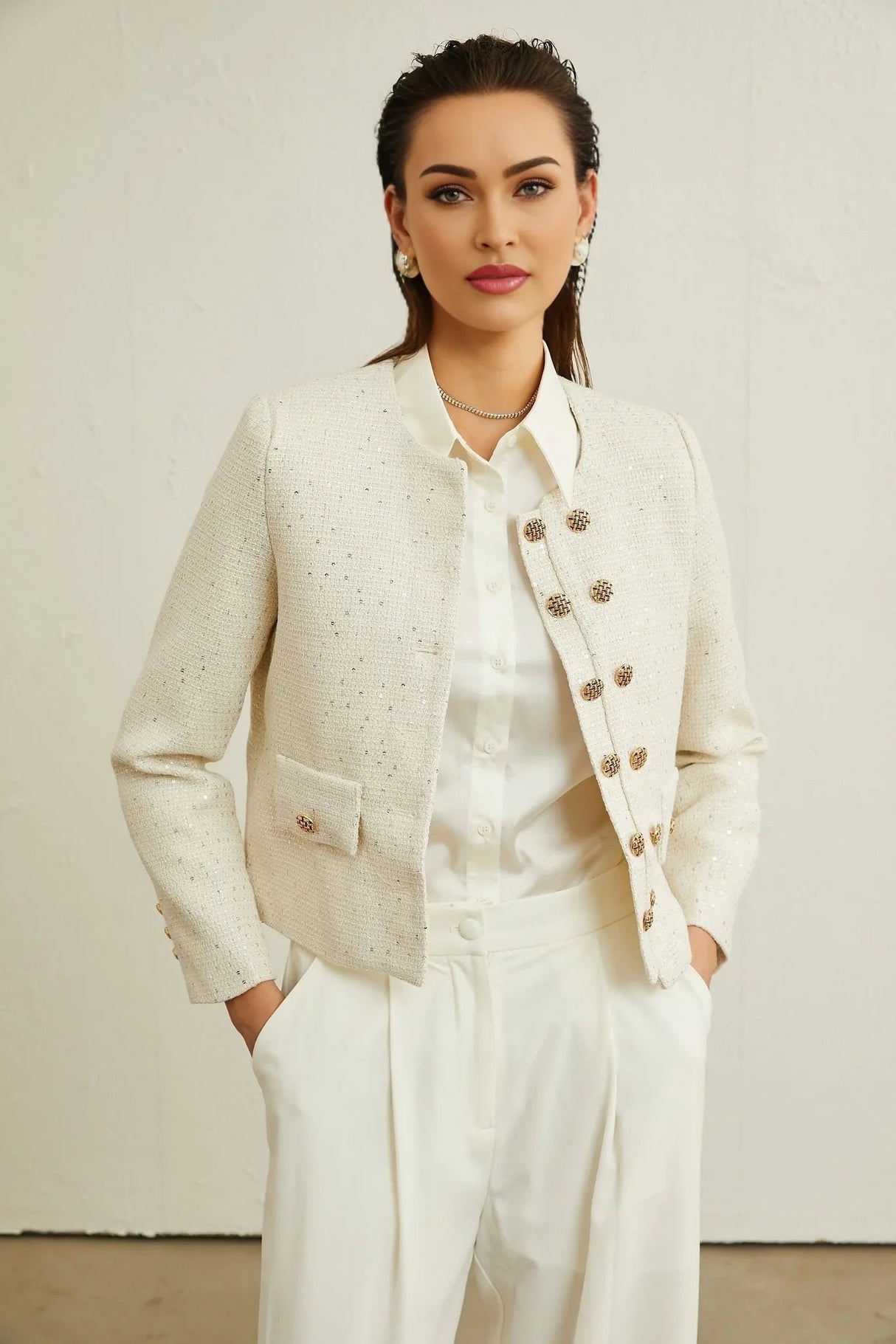 Assuntina Jacket - Tweed - Sequin Embellishments - Buttoned Cuffs - Double - Breasted Fastening