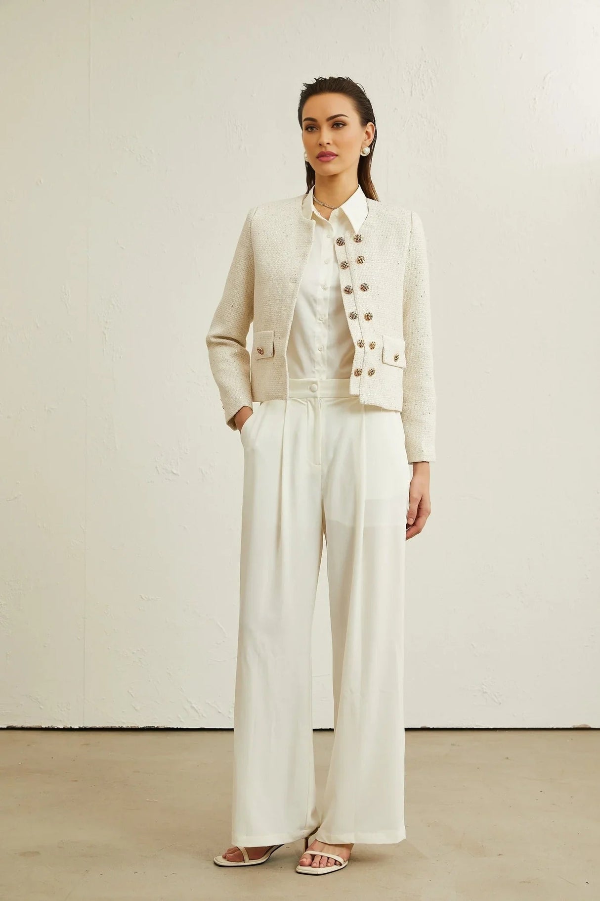 Assuntina Jacket - Tweed - Sequin Embellishments - Buttoned Cuffs - Double - Breasted Fastening