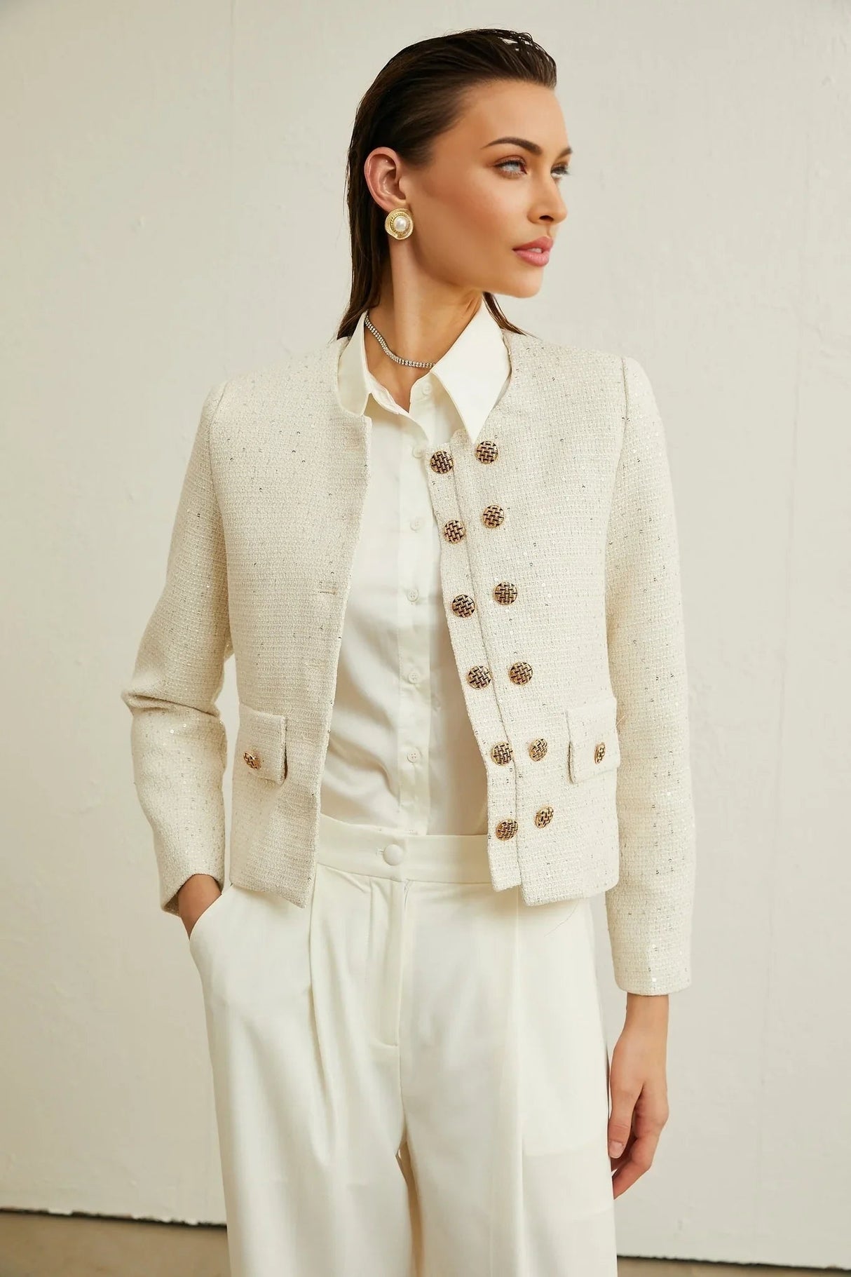 Assuntina Jacket - Tweed - Sequin Embellishments - Buttoned Cuffs - Double - Breasted Fastening