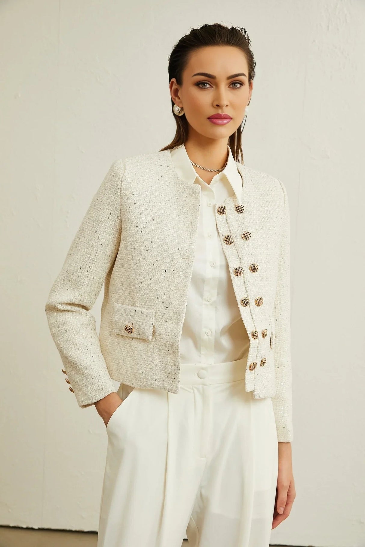 Assuntina Jacket - Tweed - Sequin Embellishments - Buttoned Cuffs - Double - Breasted Fastening