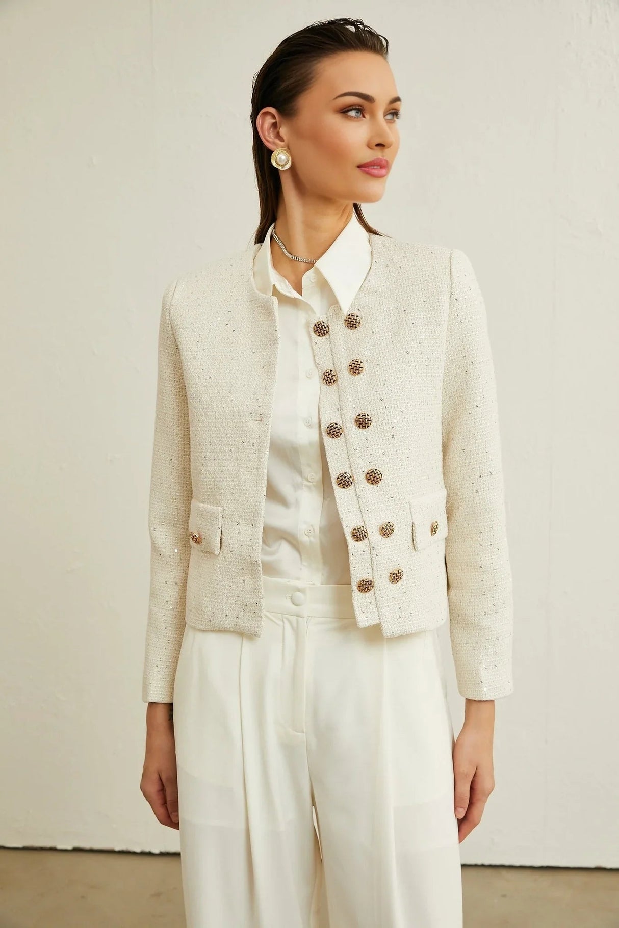 Assuntina Jacket - Tweed - Sequin Embellishments - Buttoned Cuffs - Double - Breasted Fastening