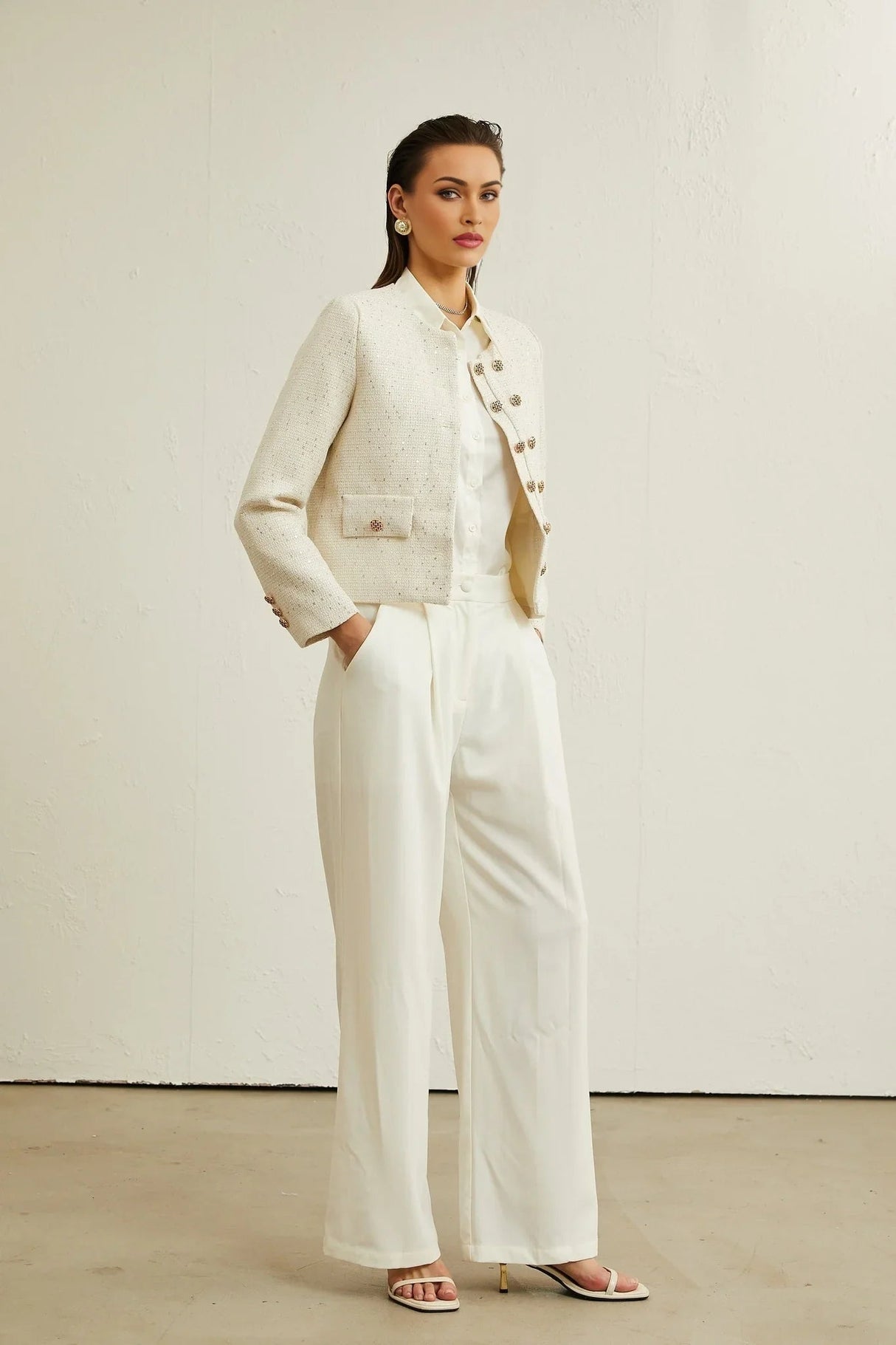 Assuntina Jacket - Tweed - Sequin Embellishments - Buttoned Cuffs - Double - Breasted Fastening