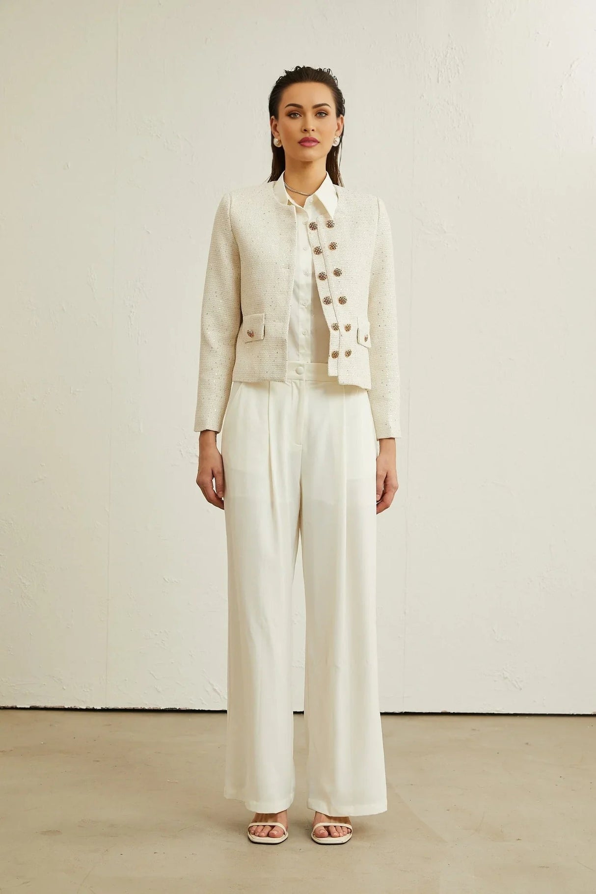 Assuntina Jacket - Tweed - Sequin Embellishments - Buttoned Cuffs - Double - Breasted Fastening