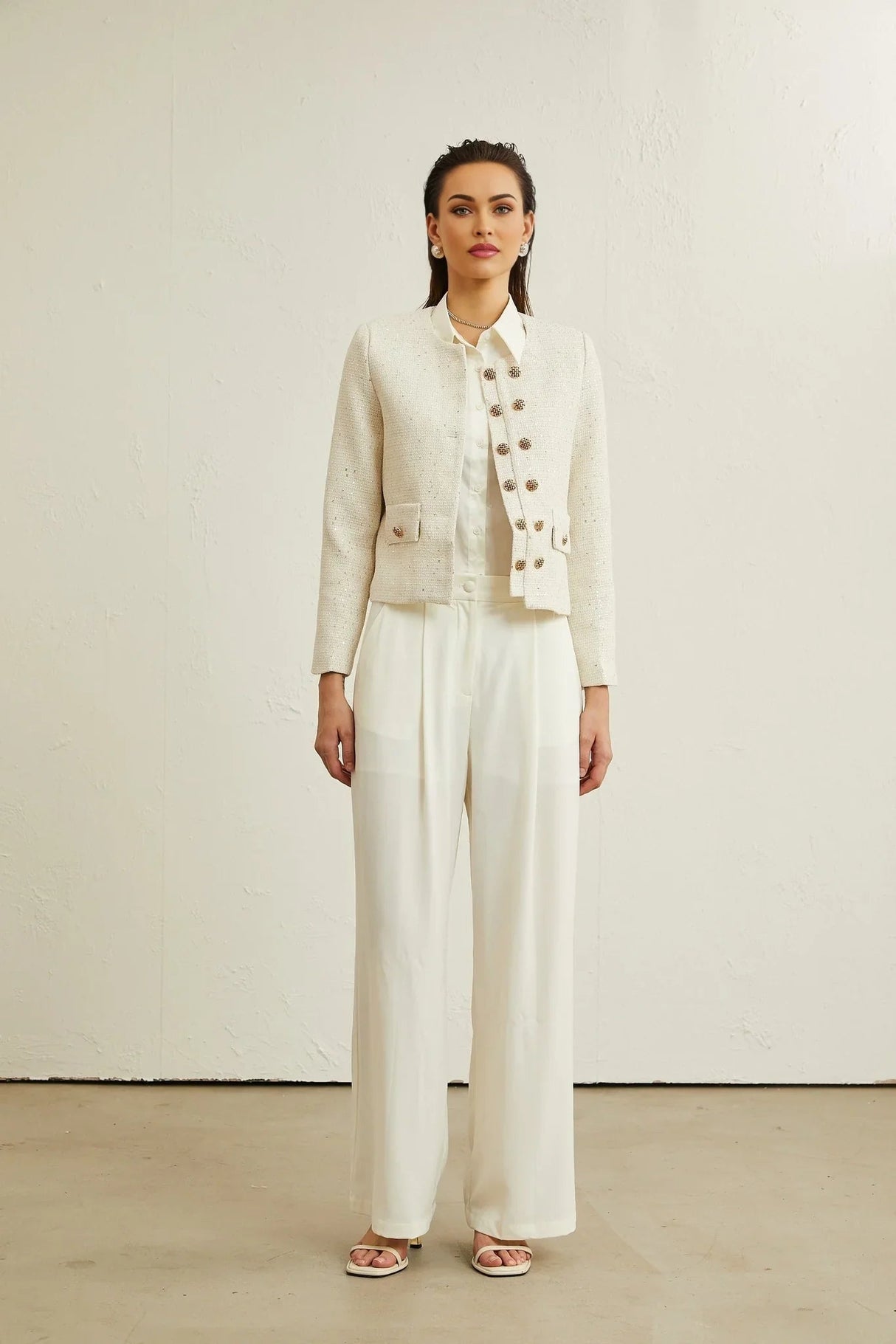 Assuntina Jacket - Tweed - Sequin Embellishments - Buttoned Cuffs - Double - Breasted Fastening