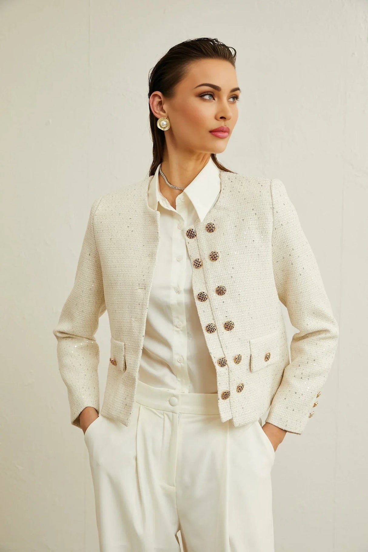 Assuntina Jacket - Tweed - Sequin Embellishments - Buttoned Cuffs - Double - Breasted Fastening