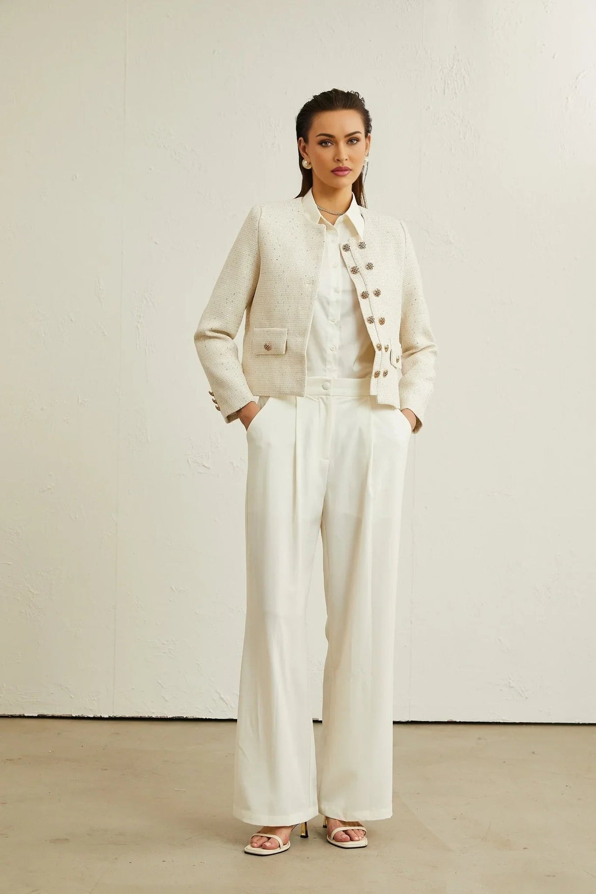 Assuntina Jacket - Tweed - Sequin Embellishments - Buttoned Cuffs - Double - Breasted Fastening