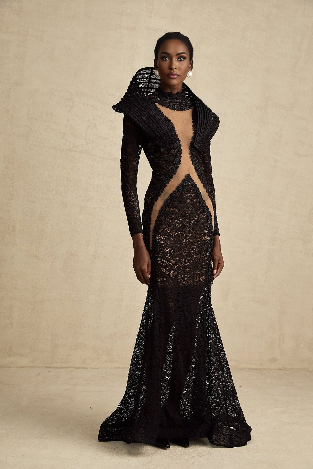 Assuntina Maxi Dress - Floral Lace Overlay - Semi - Sheer Construction - Structured Design - Fishtail Hem - Mesh Detail