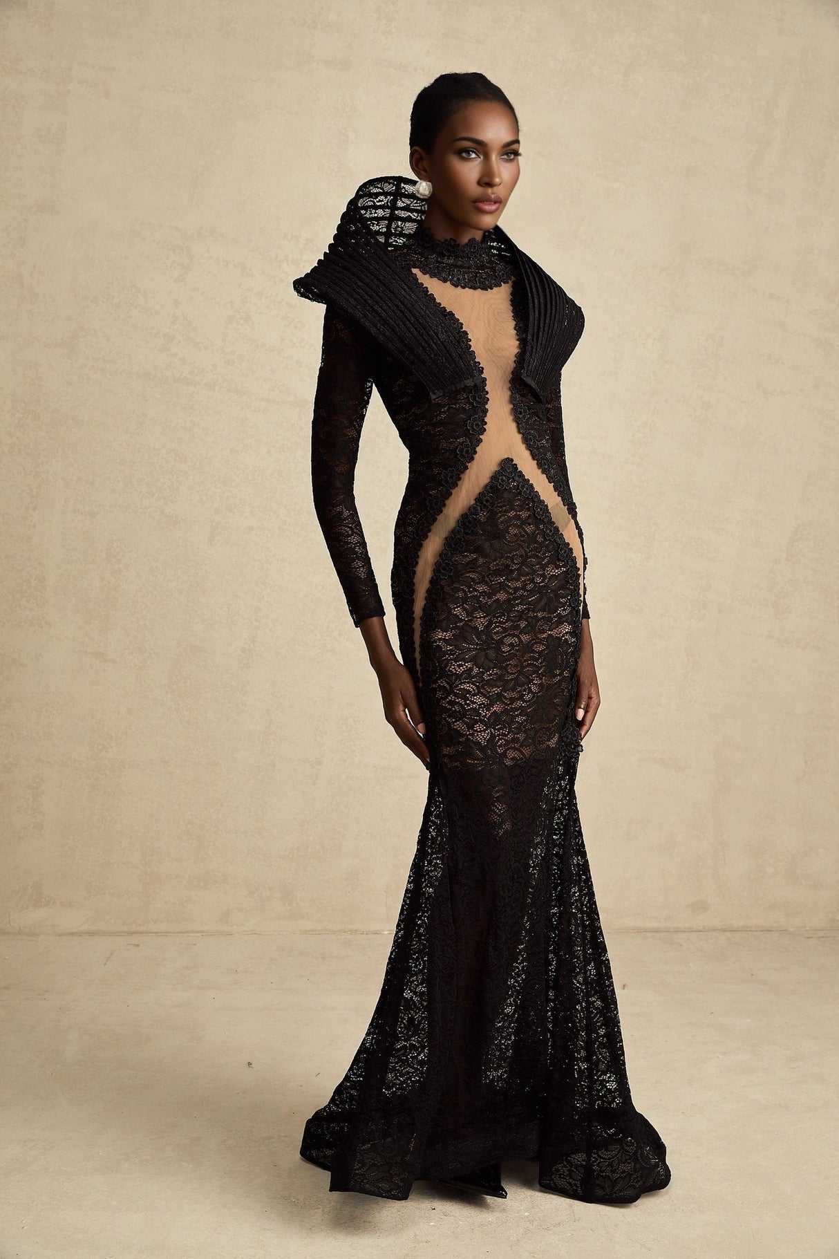 Assuntina Maxi Dress - Floral Lace Overlay - Semi - Sheer Construction - Structured Design - Fishtail Hem - Mesh Detail