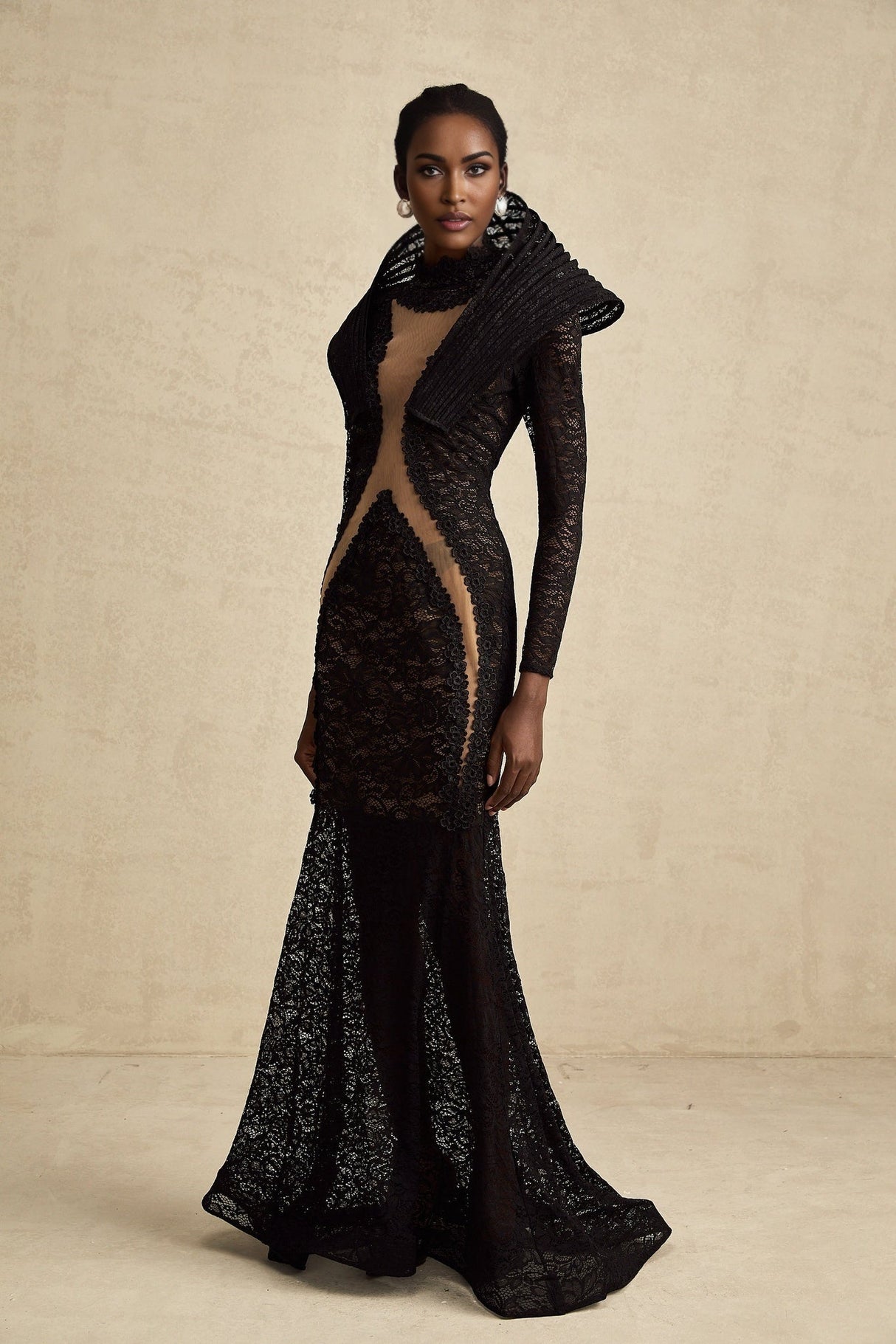 Assuntina Maxi Dress - Floral Lace Overlay - Semi - Sheer Construction - Structured Design - Fishtail Hem - Mesh Detail