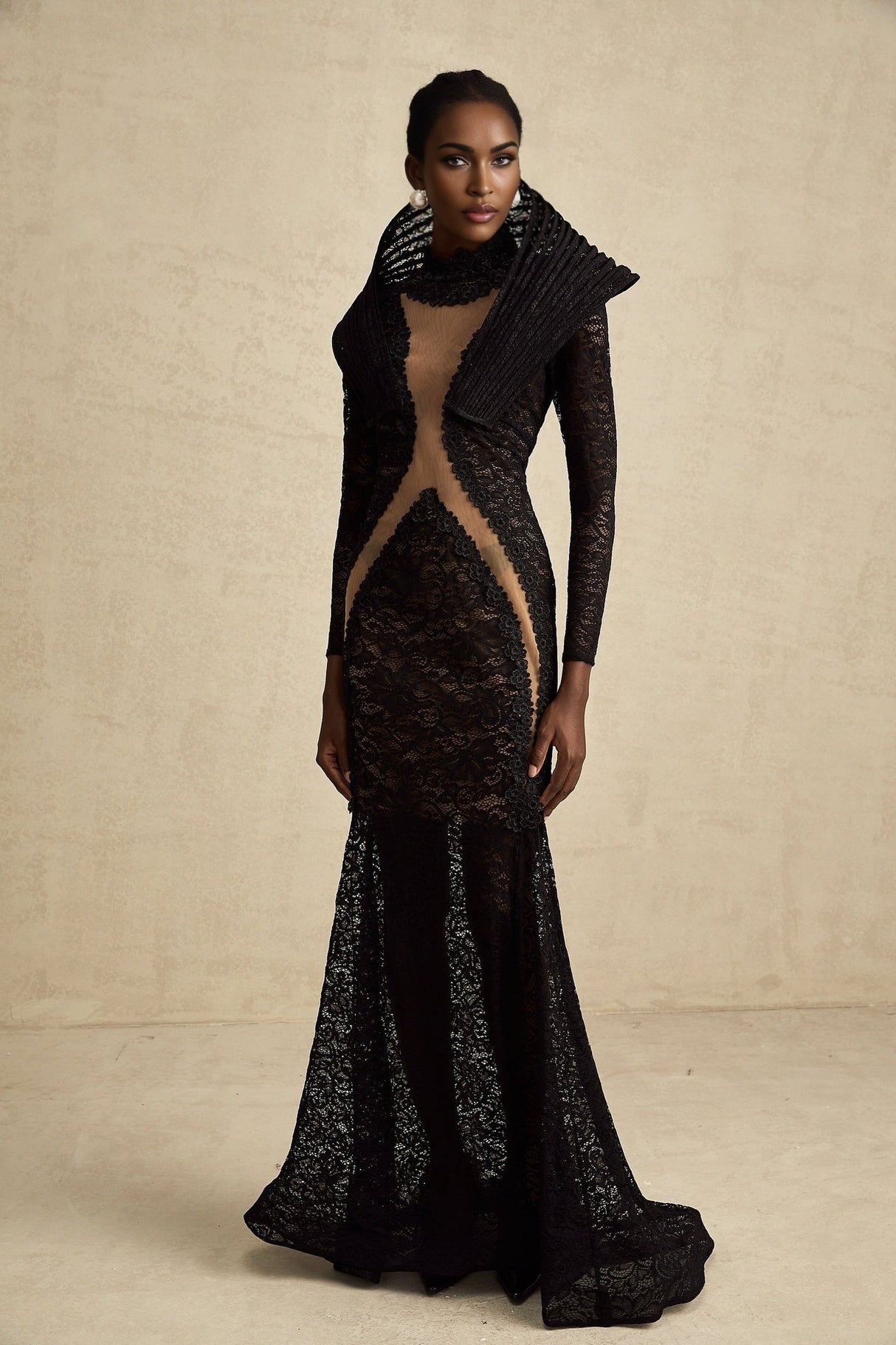 Assuntina Maxi Dress - Floral Lace Overlay - Semi - Sheer Construction - Structured Design - Fishtail Hem - Mesh Detail