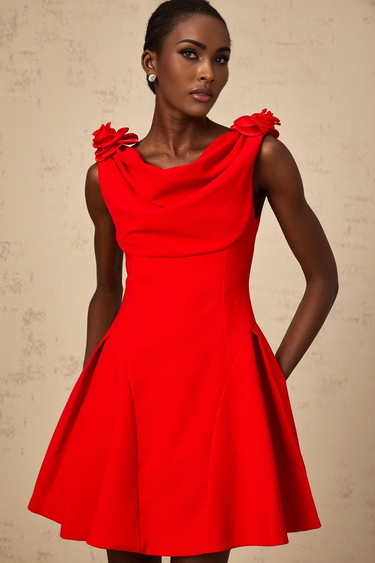 Assuntina Mini Dress - Cowl Neck - Sleeveless - Faux - Flower Detailing - Wide Straps - Flared Skirt