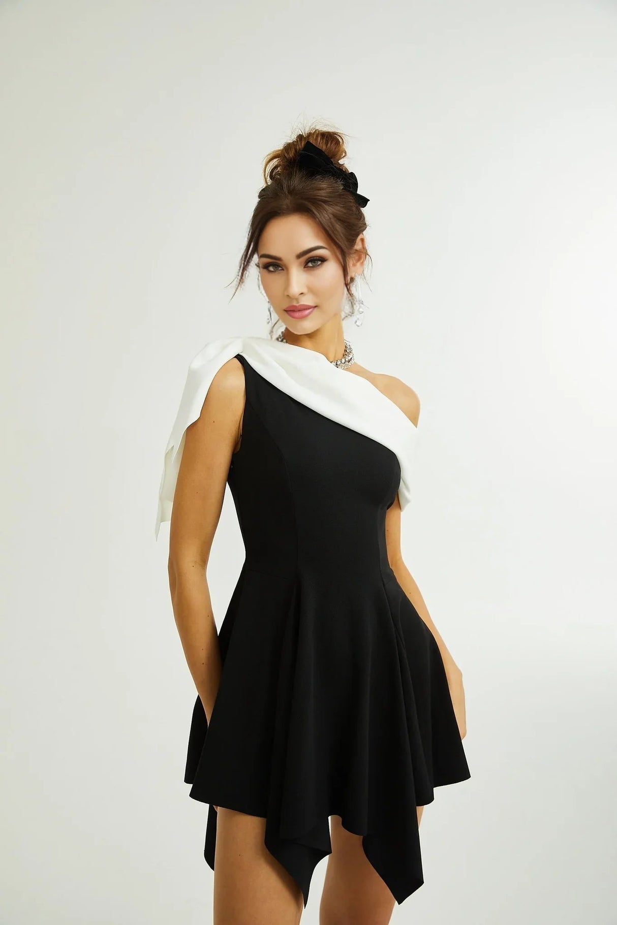 Assuntina Mini Dress - Sleeveless - Mono Shoulder - Asymmetric - Pleated