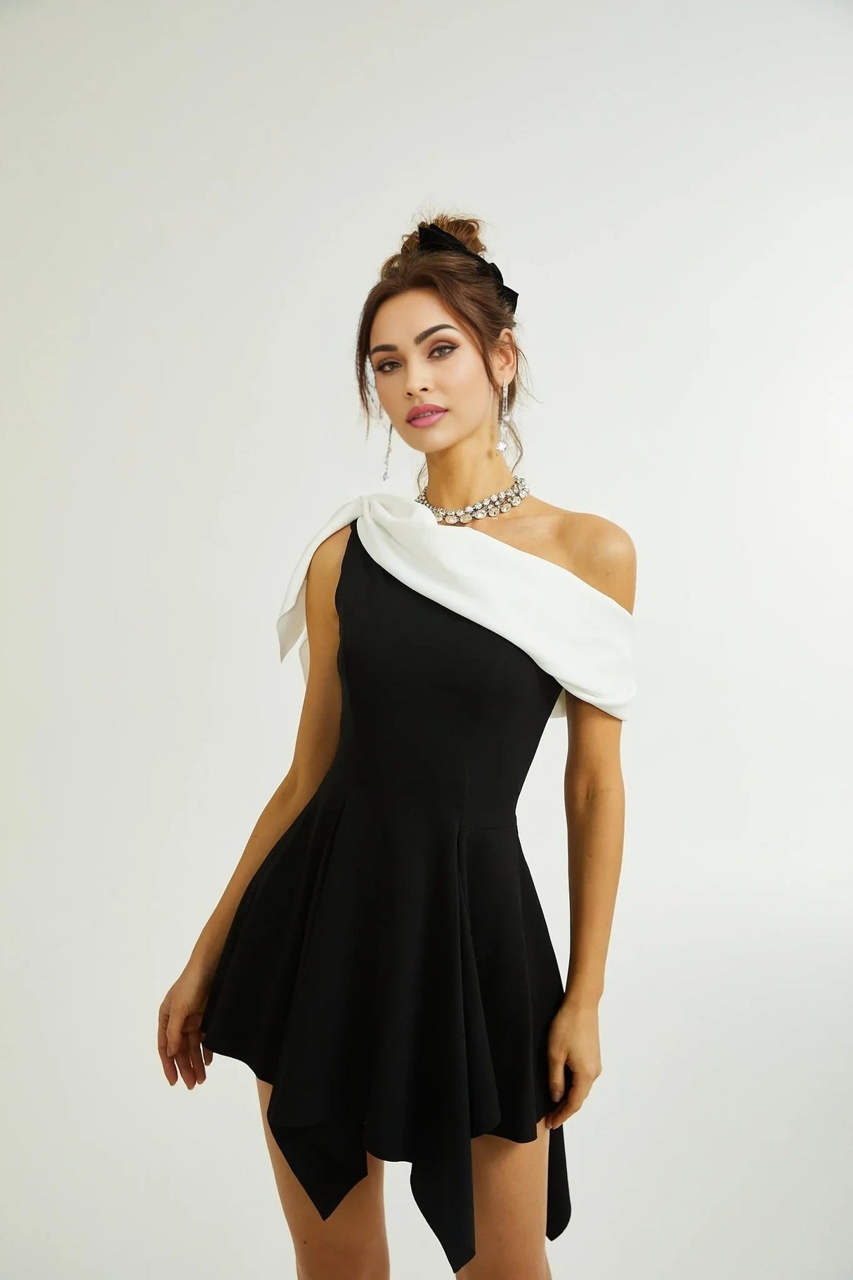 Assuntina Mini Dress - Sleeveless - Mono Shoulder - Asymmetric - Pleated