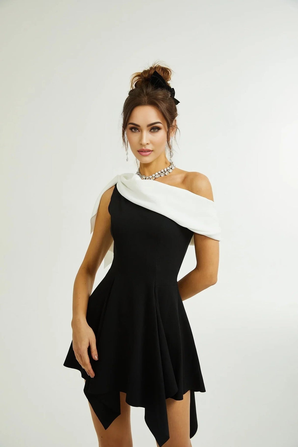 Assuntina Mini Dress - Sleeveless - Mono Shoulder - Asymmetric - Pleated