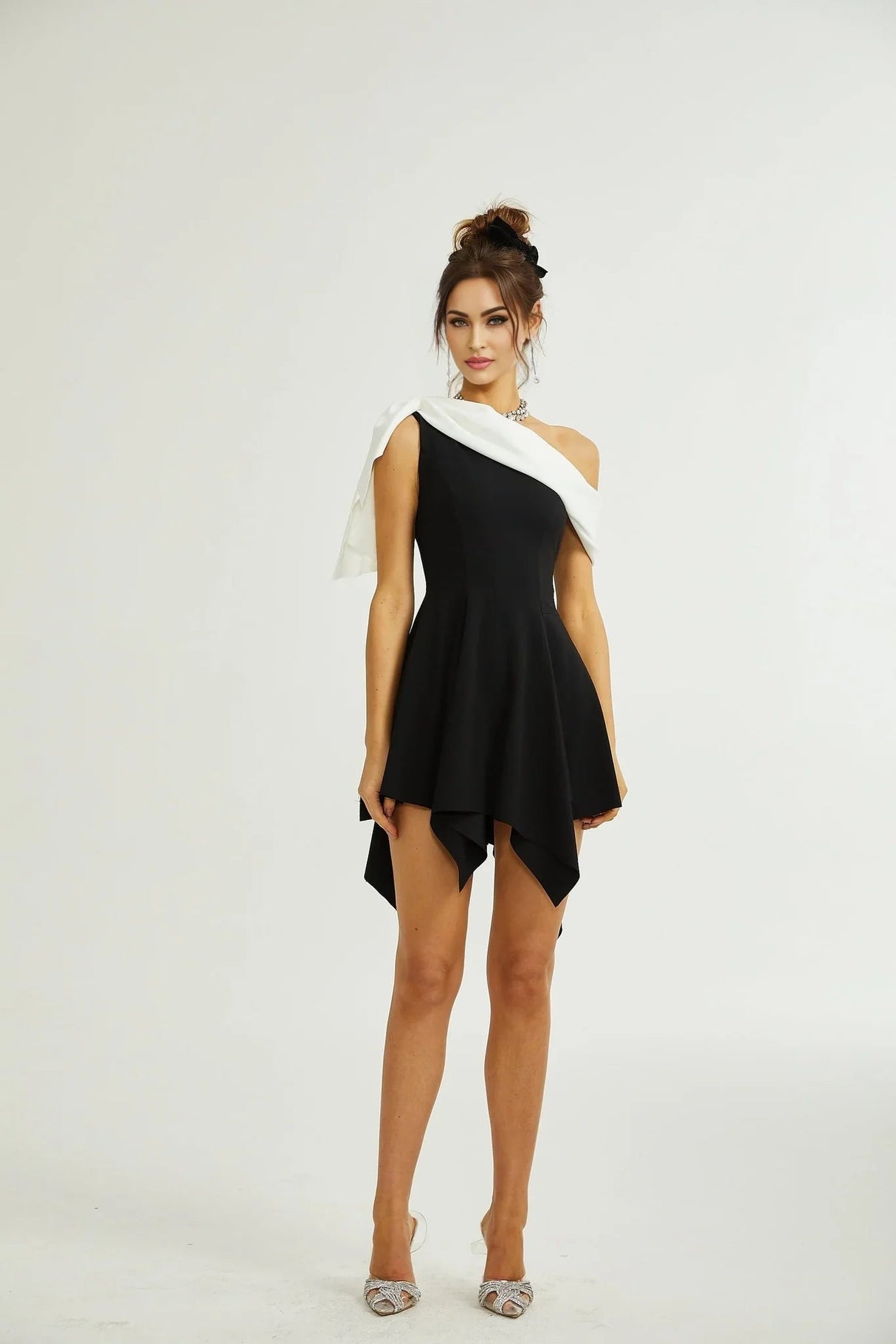 Assuntina Mini Dress - Sleeveless - Mono Shoulder - Asymmetric - Pleated