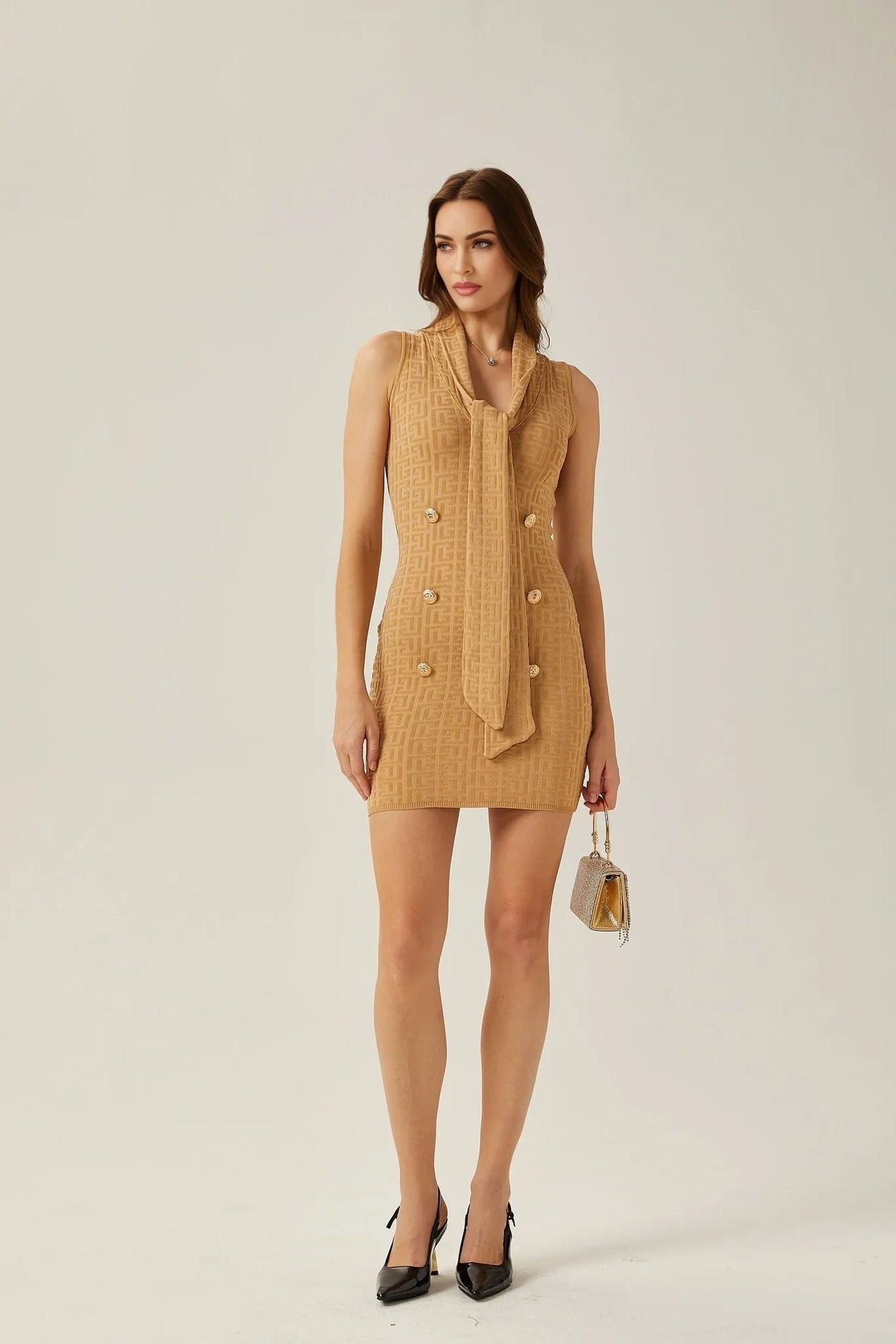 Assuntina Mini Dress - Sleeveless - Scarf Collar - Button Decoration - Fitted Silhouette