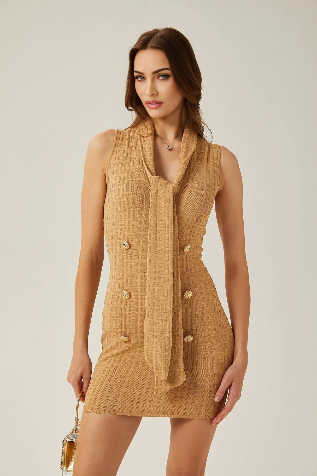 Assuntina Mini Dress - Sleeveless - Scarf Collar - Button Decoration - Fitted Silhouette