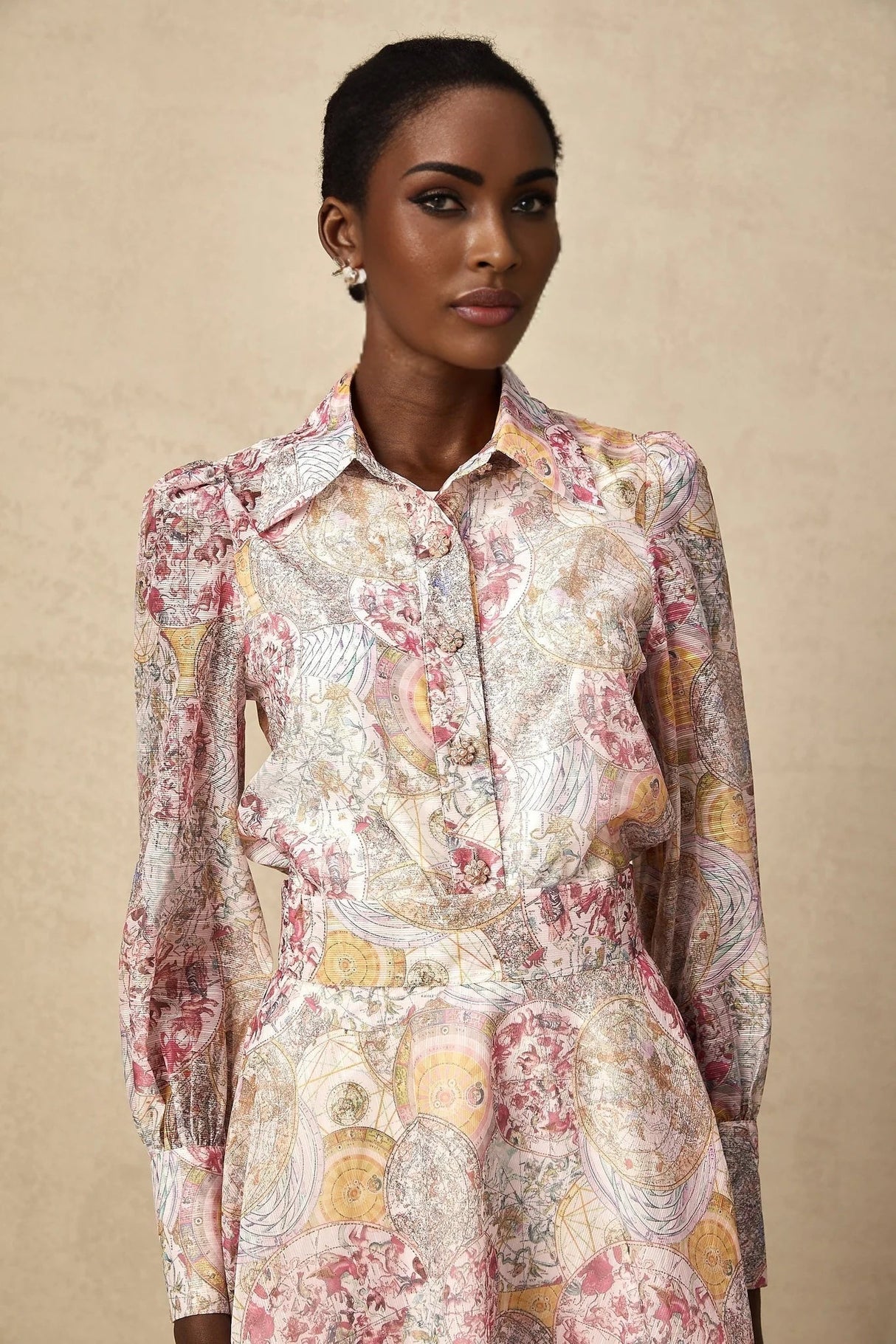 Assuntina Shirt & Skirt Set Pink Pattern - Print Calf Length