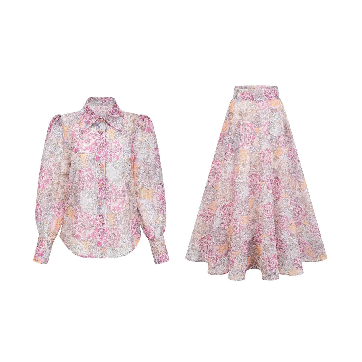 Assuntina Shirt & Skirt Set Pink Pattern - Print Calf Length