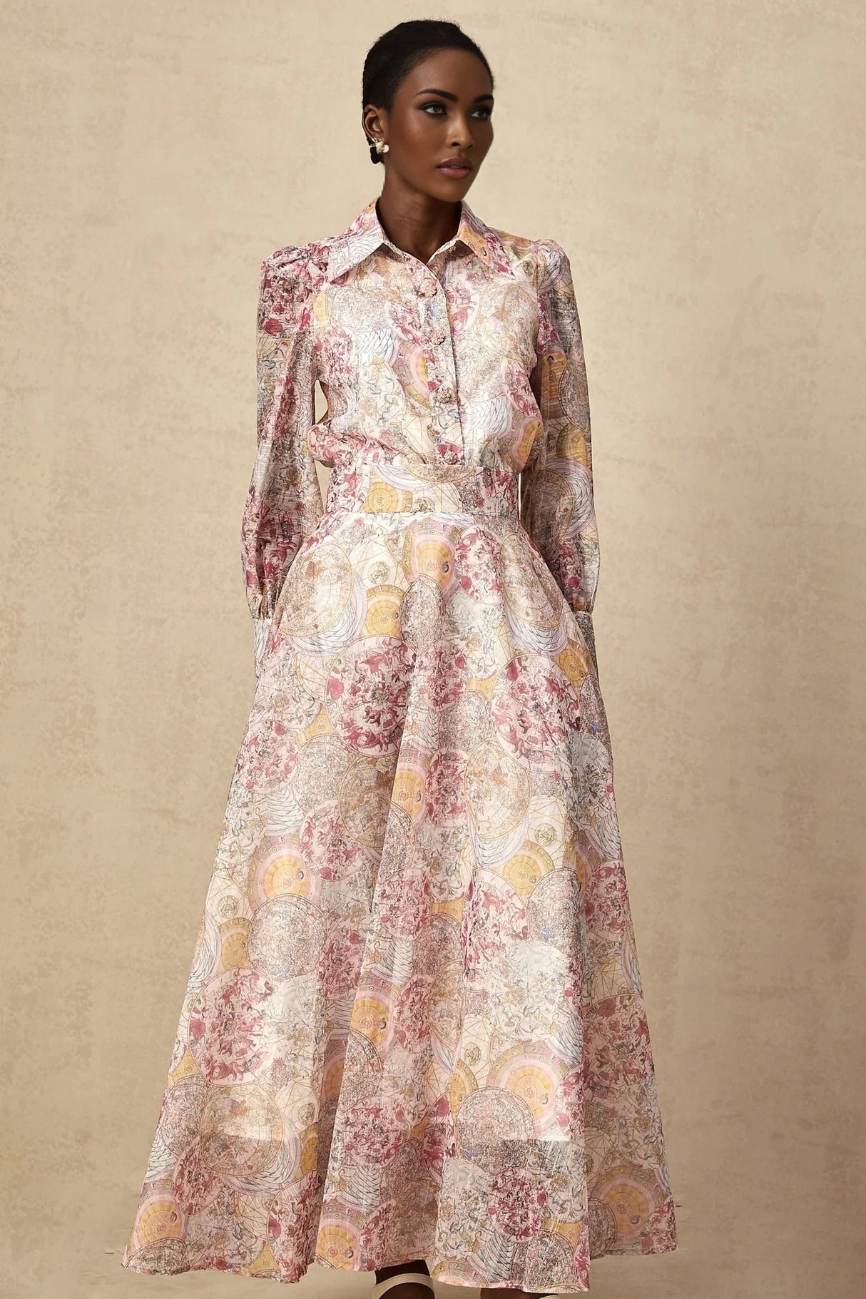 Assuntina Shirt & Skirt Set Pink Pattern - Print Calf Length