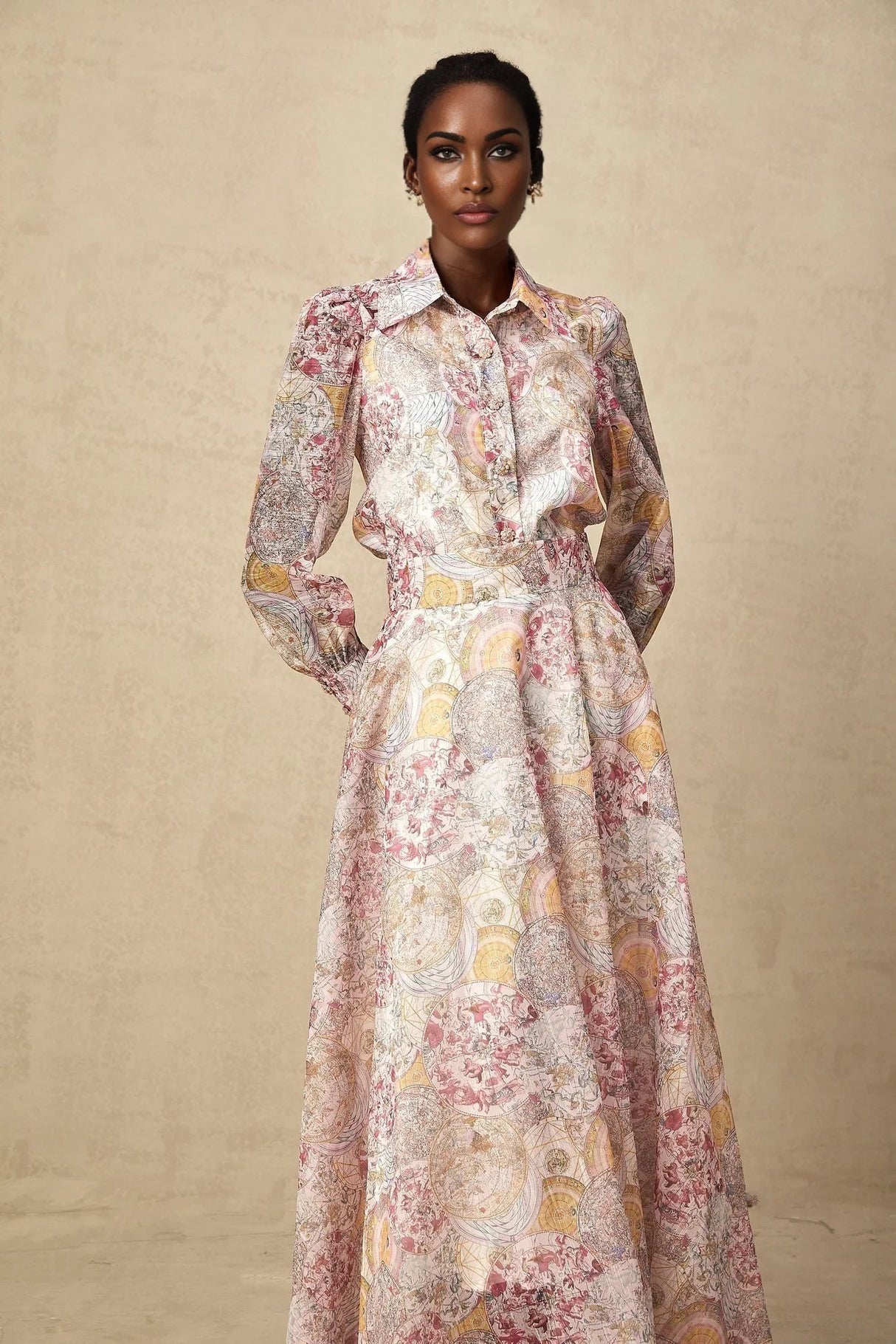 Assuntina Shirt & Skirt Set Pink Pattern - Print Calf Length