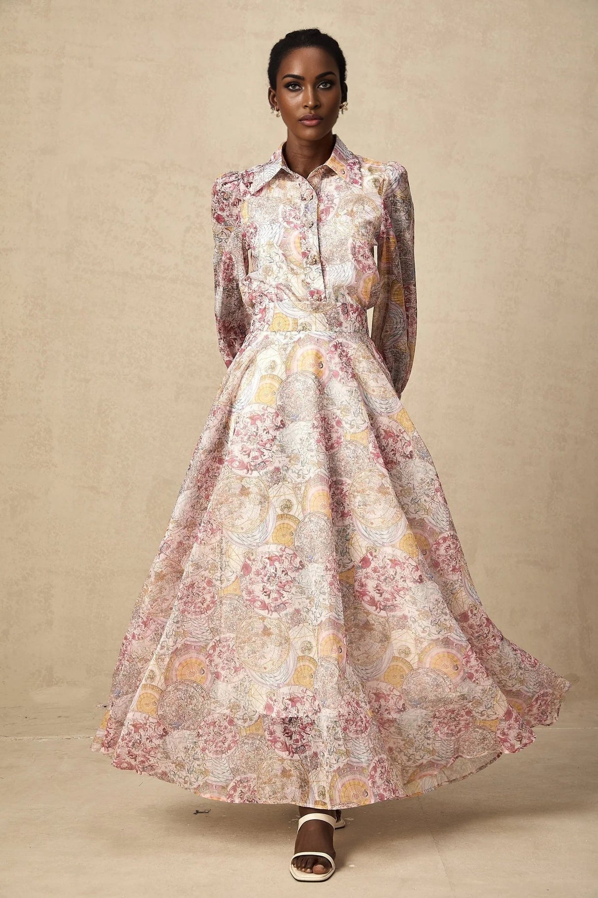 Assuntina Shirt & Skirt Set Pink Pattern - Print Calf Length